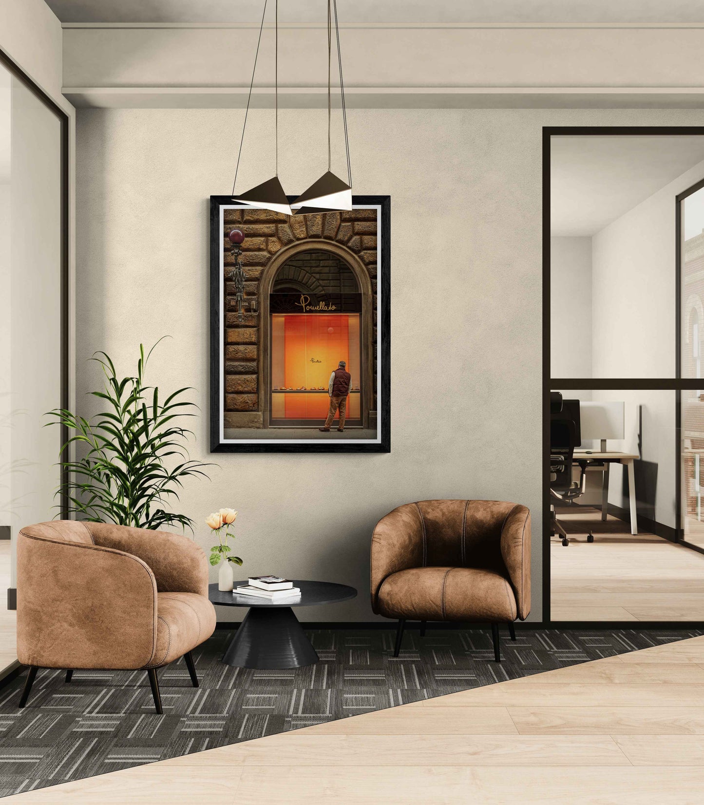 Fine art photograph of man swindow shopping in Florence, Italy, on wall of office sitting area, modern interior decor