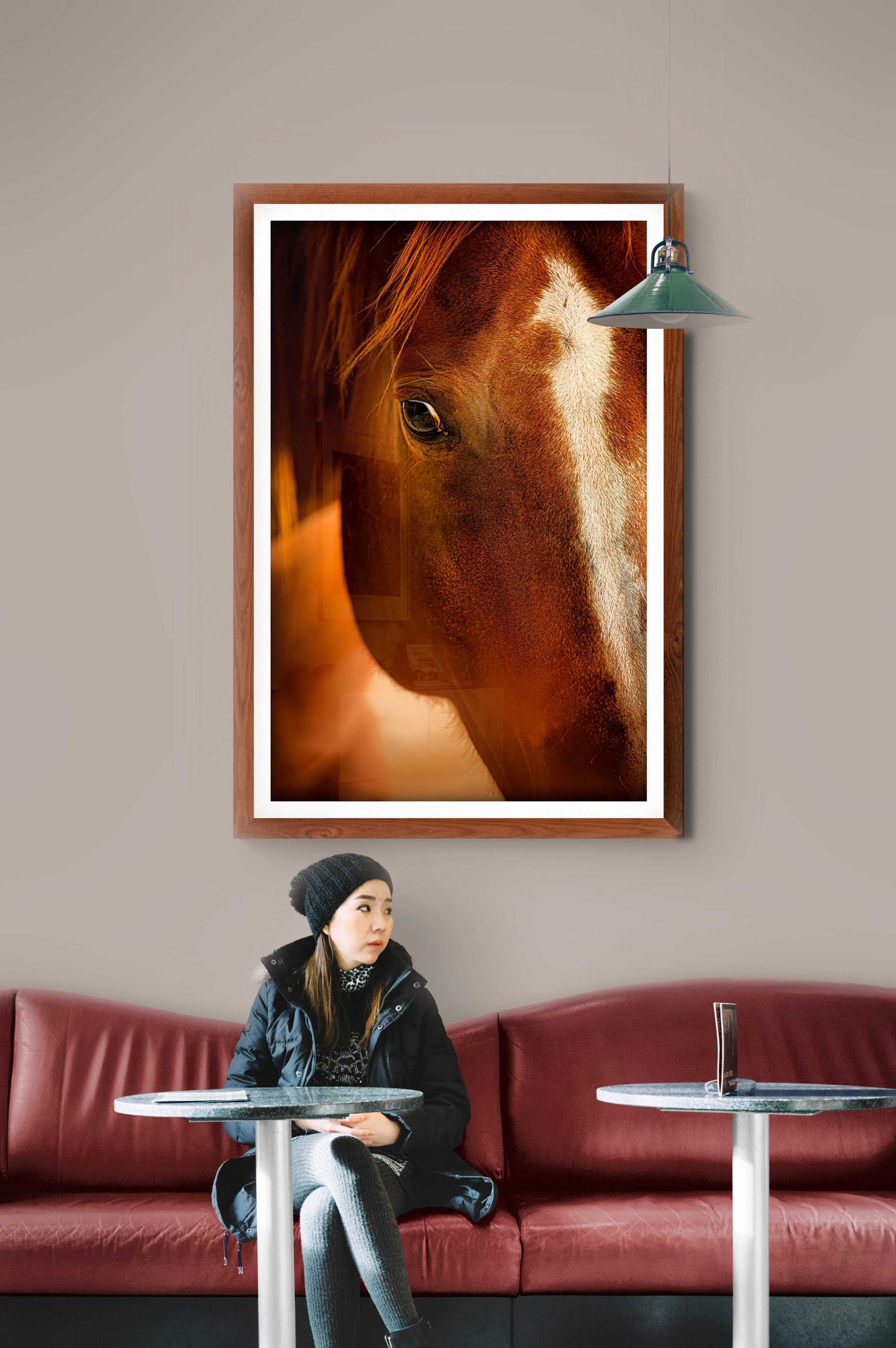 Chestnut Mare: A Western Portrait With a Watchful Eye framed wall art featuring a close-up of a soulful horse eye, ideal for rustic home decor. Captures cowboy culture and Texas ranch life in warm natural light.