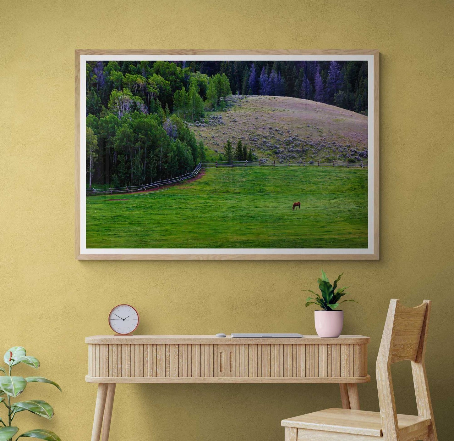Framed Lone Horse on Gros Ventre Ranch photograph displayed above a wooden desk on a yellow wall. Ideal fine art print for rustic or pastoral interior design.