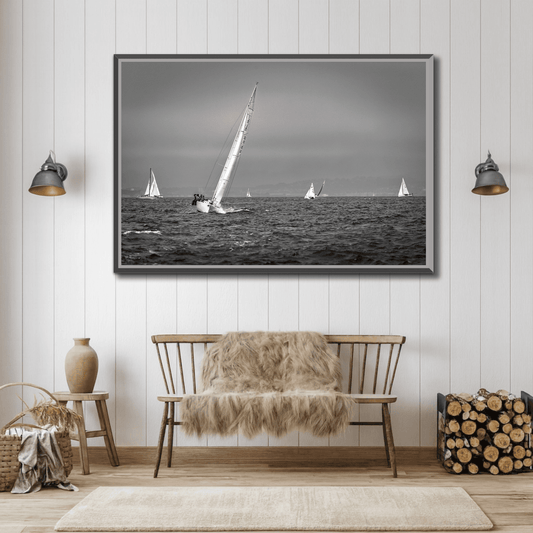 Black and white sailing photograph of a starboard tack on San Francisco Bay