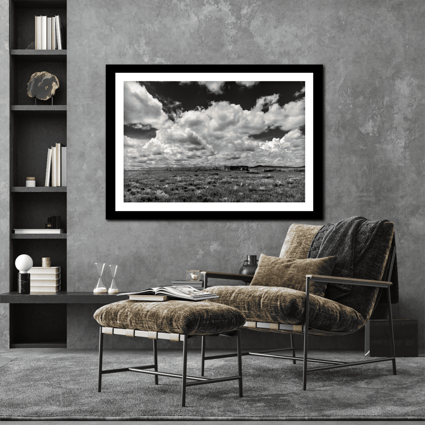 Abandoned New Mexico – Limited Edition Black and White Fine Art Photograph displayed in a modern living room. Dramatic clouds over a deserted ranch in the high desert.