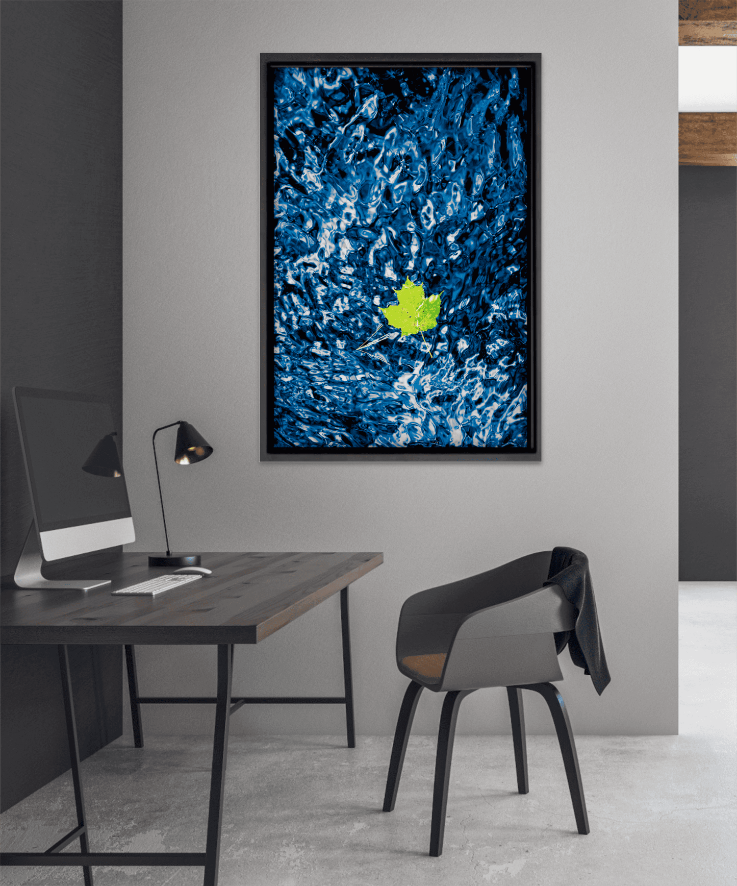 Adrift – Image of Blue Water and Leaf Color Photograph from Maine displayed in a modern home office, enhancing interior design with nature-inspired fine art.