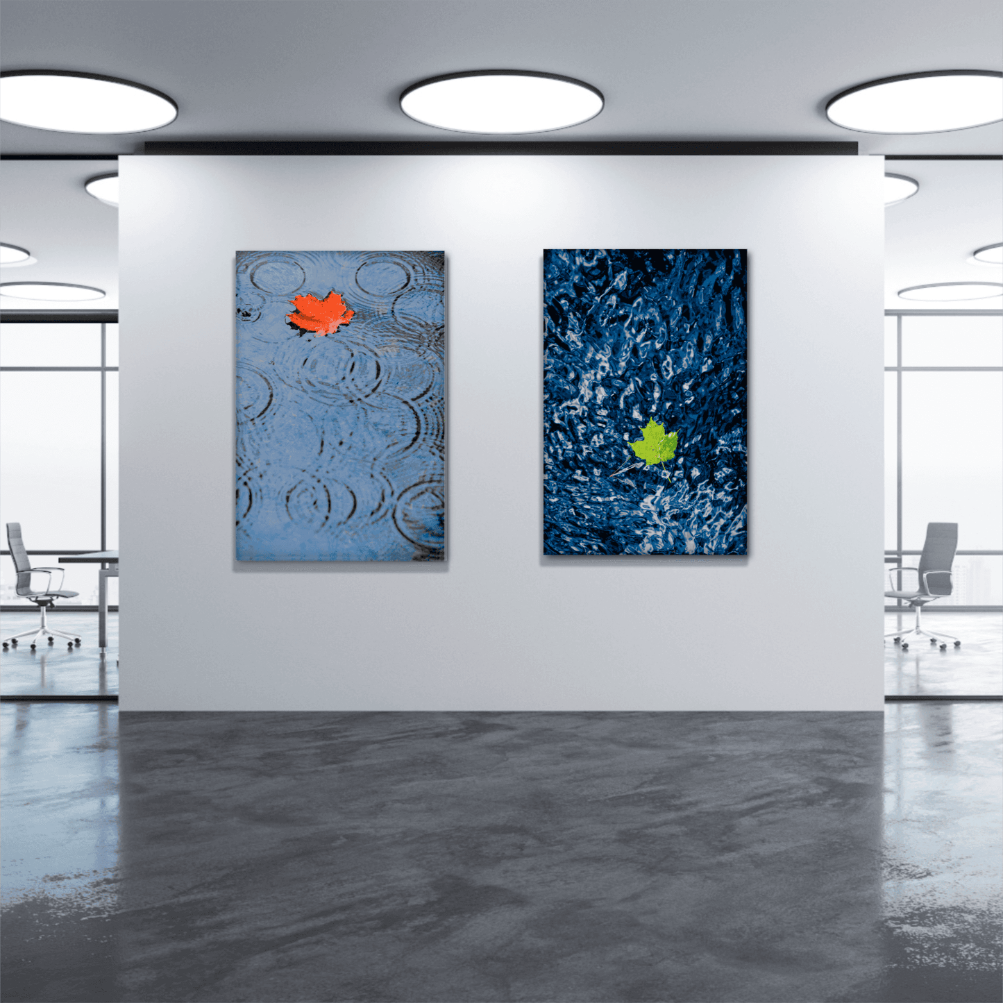 Adrift – Vertical Nature Photography Print from Maine exhibited in a contemporary gallery space next to a red leaf artwork, emphasizing seasonal beauty and reflection.