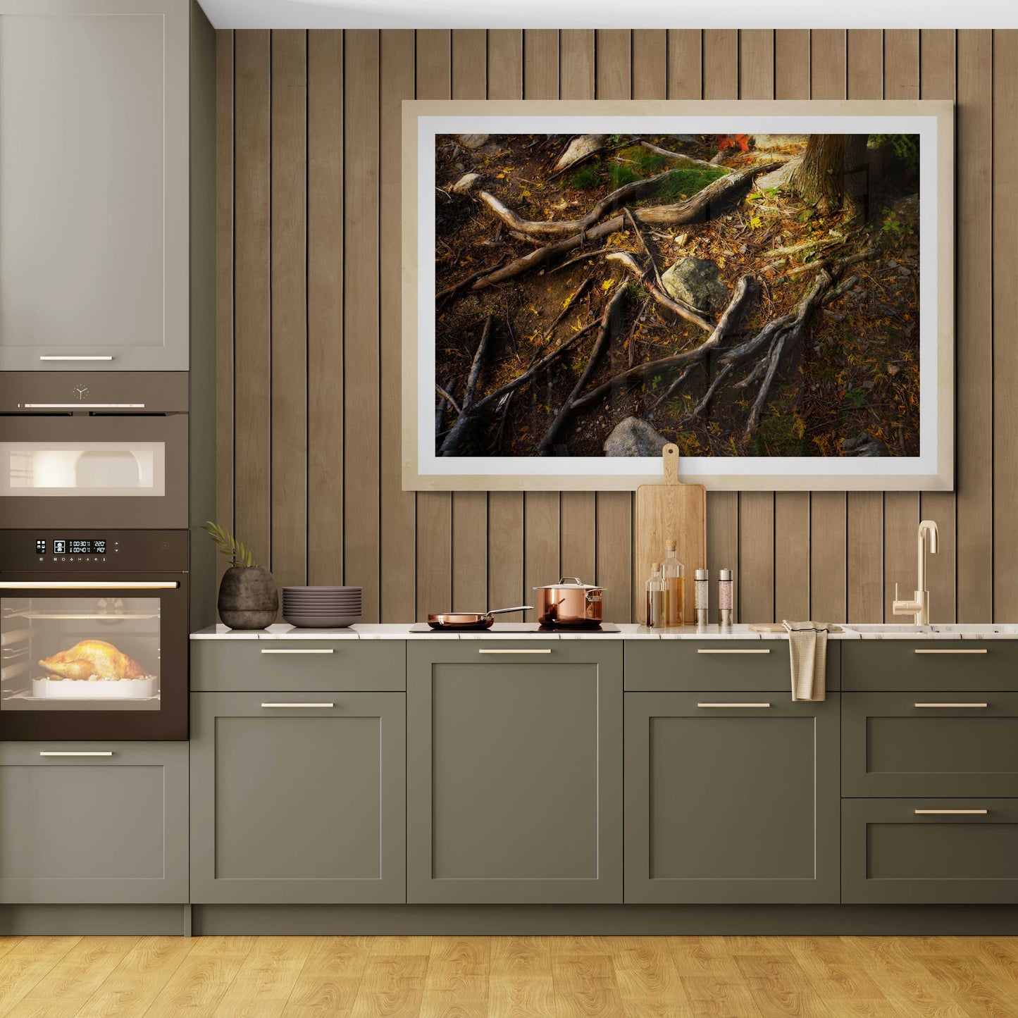 Autumn Roots – Fine art print of tree roots in autumn light framed in a modern kitchen, blending natural beauty with stylish home decor.