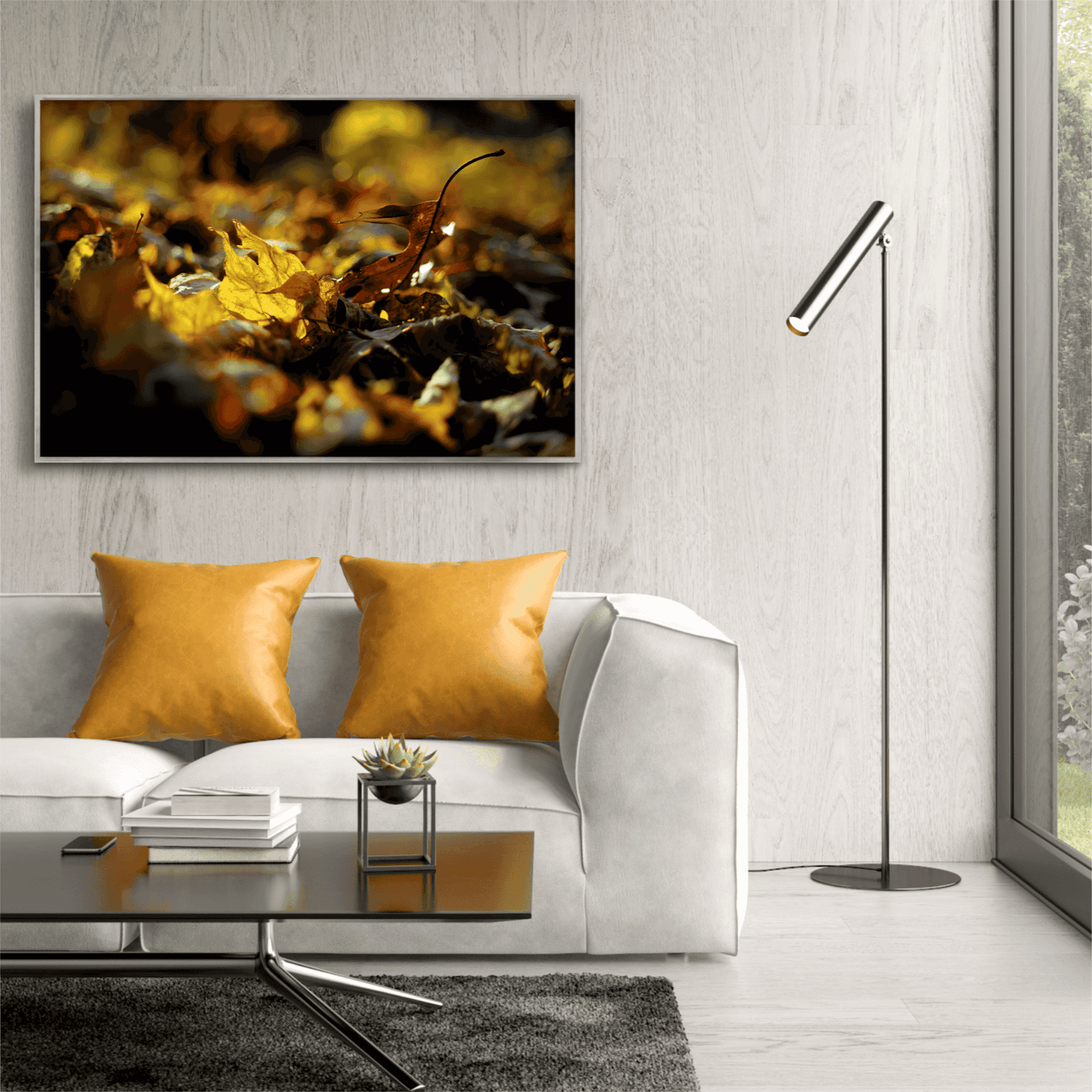 Autumn Gold – Limited Edition Photograph of Fall Leaves on Kodachrome displayed in a bright living room. Enhances interior design with vibrant fall tones and fine art appeal.