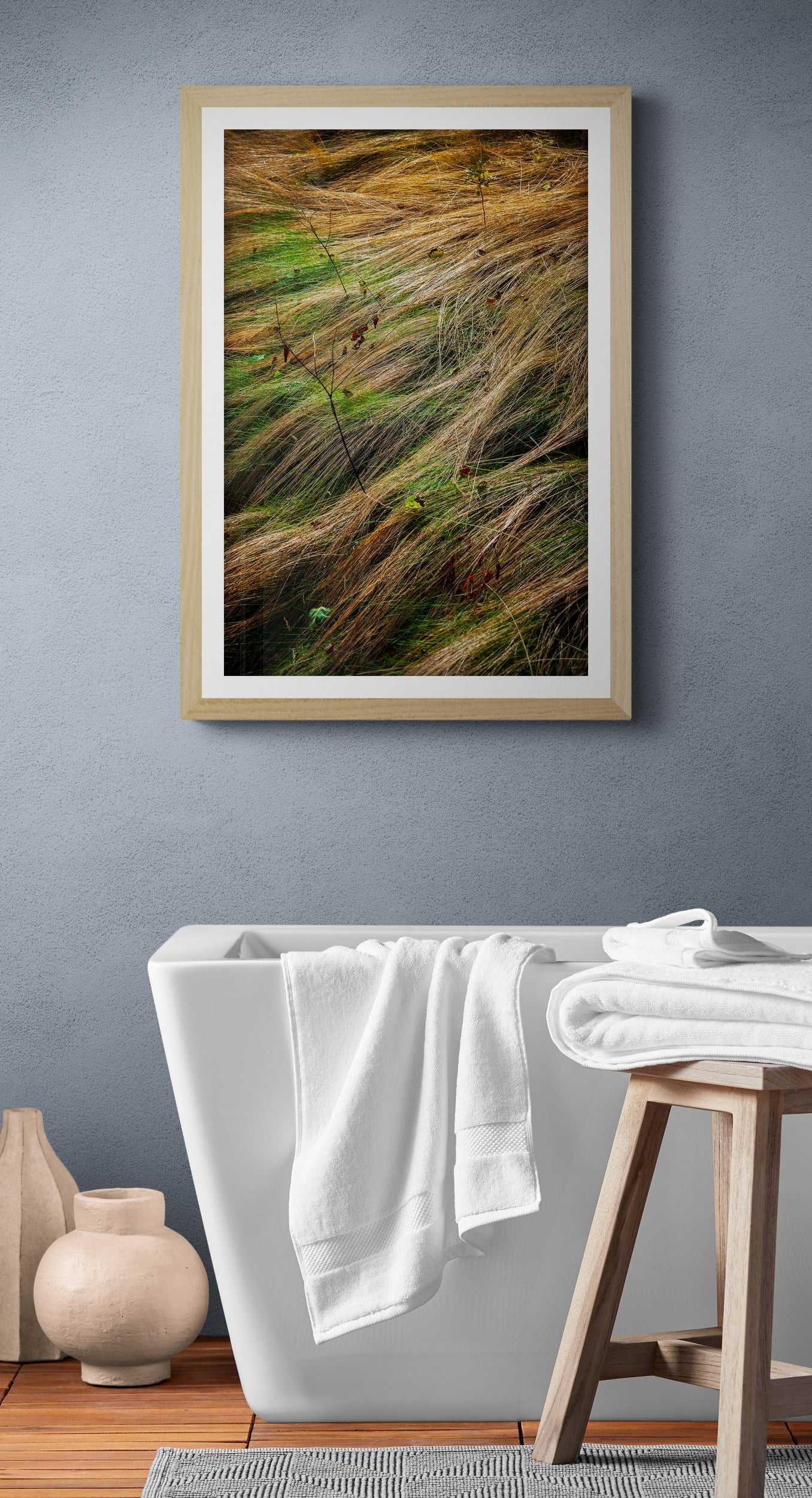 “Autumn Grasses #2, Acadia” – A limited edition fine art photograph showcasing golden wild grasses in motion, perfect for serene bathroom wall decor.