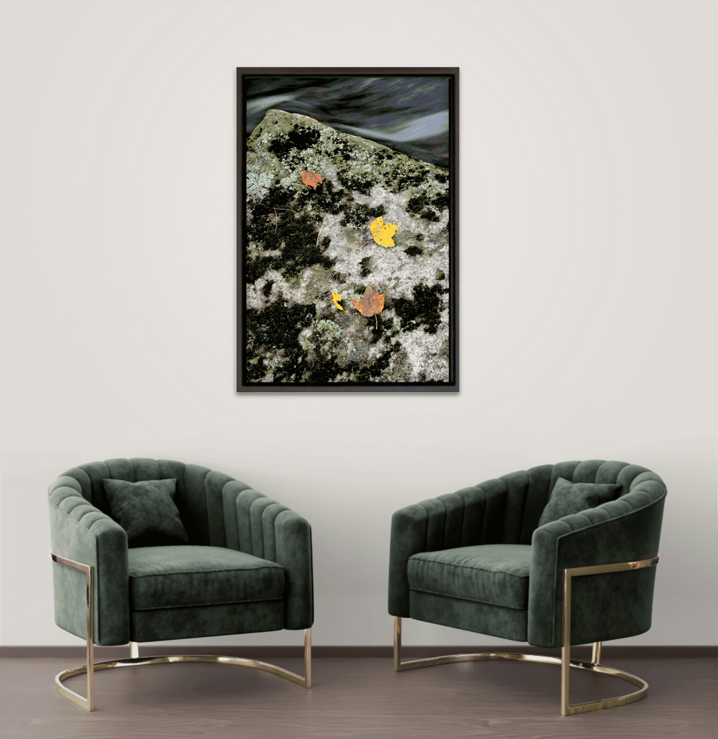 Autumn Remains – Limited Edition Photograph displayed in a modern living room with green velvet chairs, ideal for nature-inspired interior design.