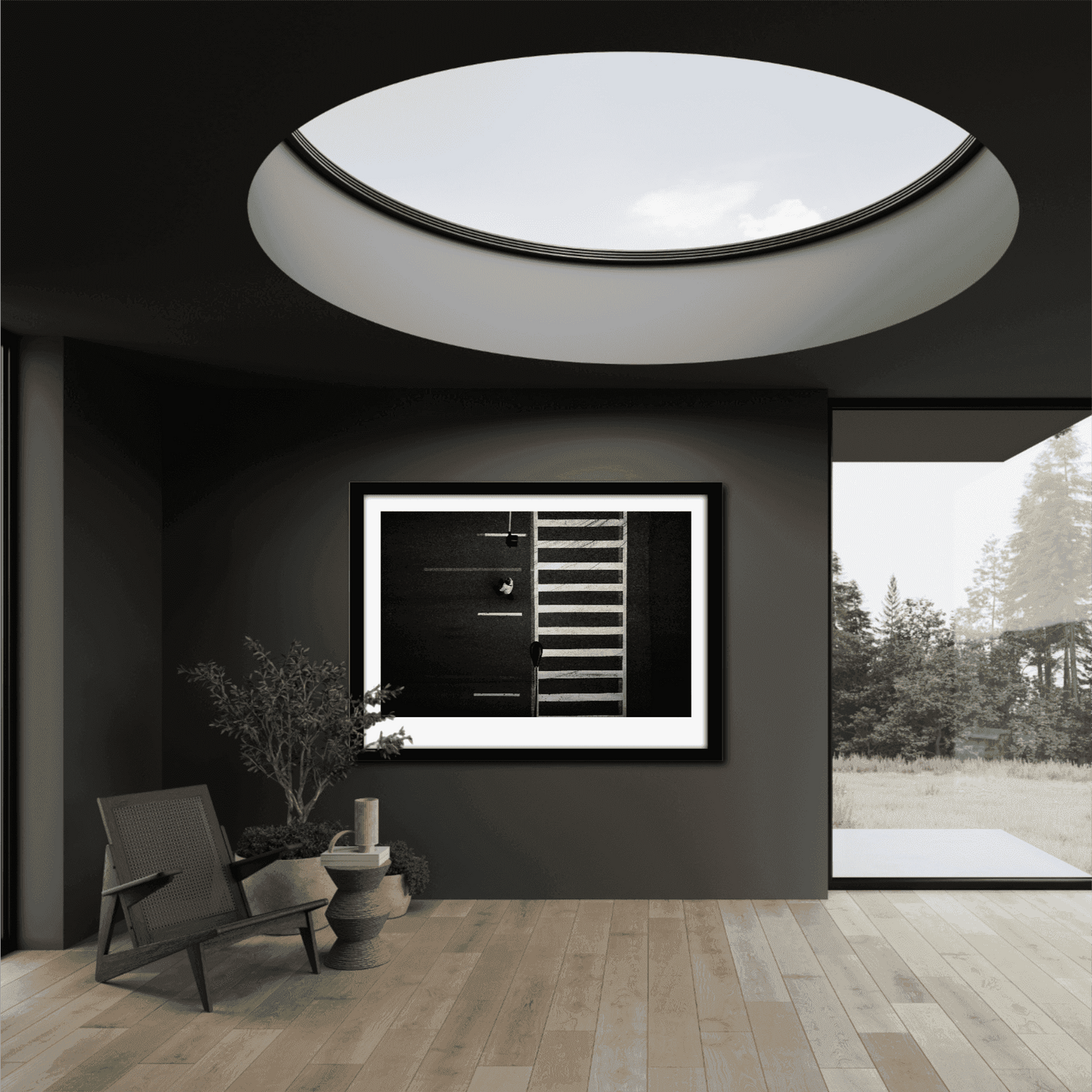 Chicago Crosswalk – Limited Edition Urban Street Photography by Michael Hart displayed in a modern minimalist living room with black walls and skylight. Monochrome overhead view of a pedestrian crossing adds bold contrast and urban elegance to contemporary home decor.