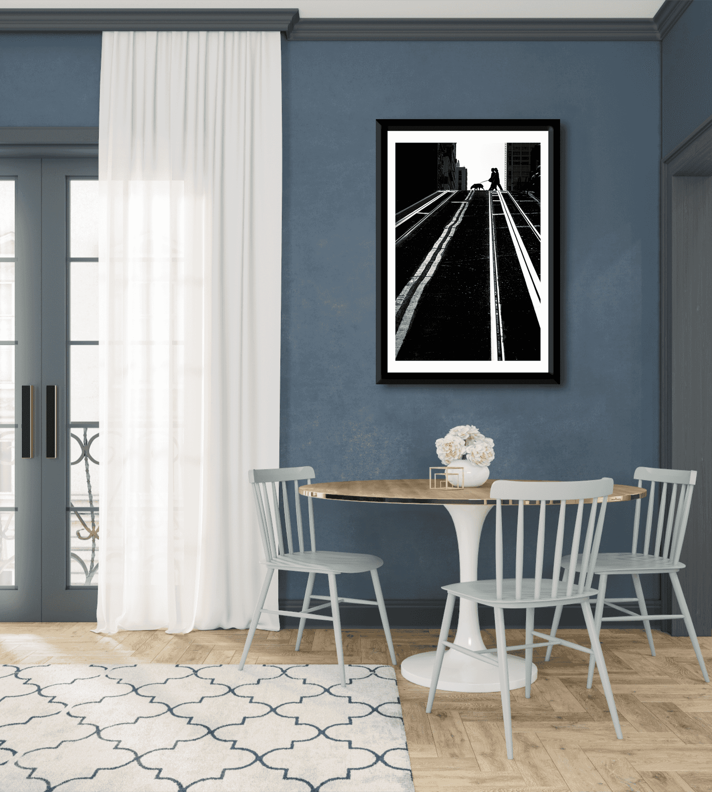 Framed San Francisco Photography-Serendipitous Street Art print displayed in a modern dining room, enhancing interior design with dramatic black and white urban wall art.