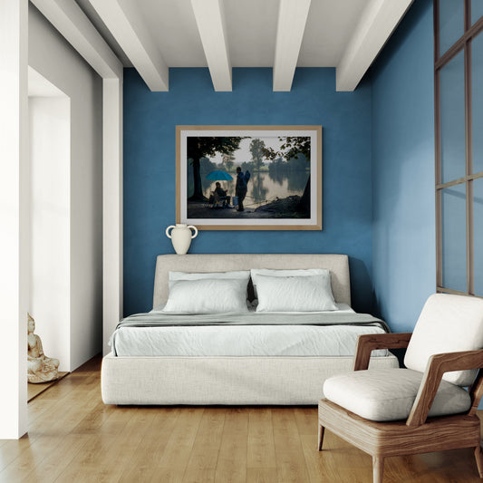 Framed fine art wall art featuring fishermen with a blue umbrella displayed in a modern bedroom interior setting.