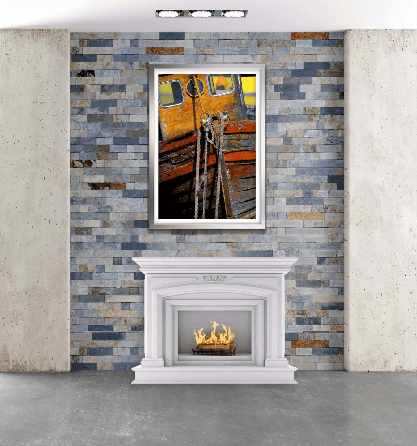 Boat Bow – Rustic Islay boat photo on Kodachrome framed above fireplace, adding nautical warmth to modern stone accent wall.