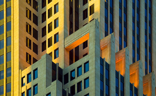Chicago Graphic Art - Photography Architecture | Limited Edition print featuring golden hour light on geometric downtown Chicago skyscrapers.