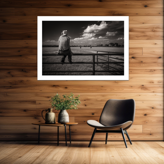Framed black and white photo of ayoung woman sitting on a fence, displayed on a wooden wall above a chair and small table.