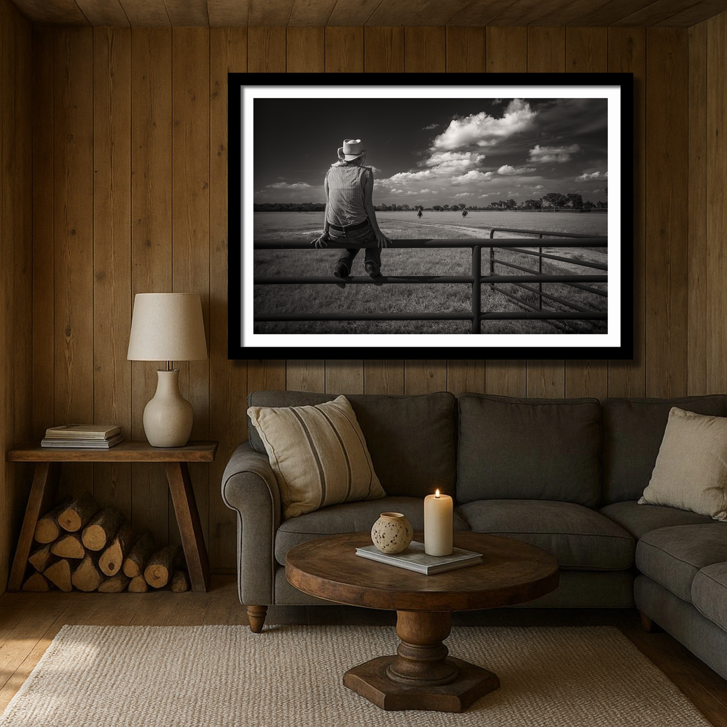 Framed photo of a woman sitting on a fence on a Texas ranch, in a warm decorated sitting area
