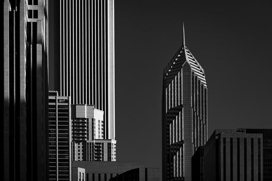 Black and white architectural graphics image of downtown Chicago, Illinois