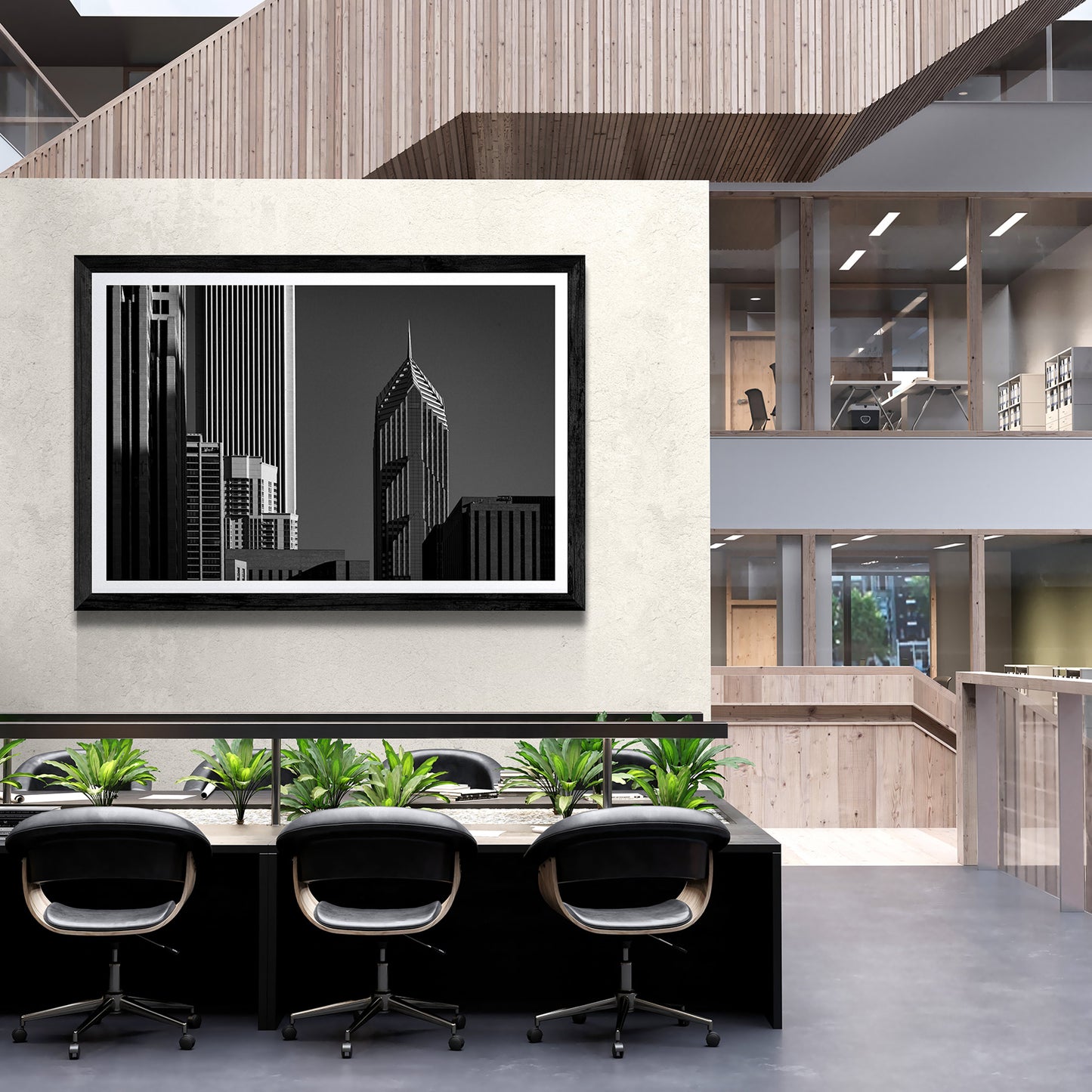 Corporate Gothic black and white Chicago architecture photograph displayed as framed wall art in a commercial building lobby.