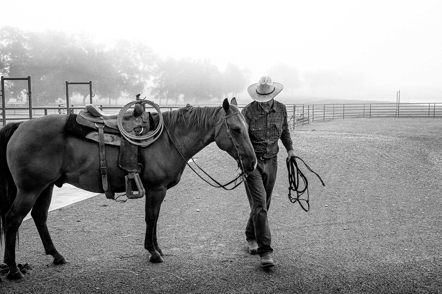 Black and white photograph of a cowboy leading a saddled horse through morning fog at 44 Farms in Texas