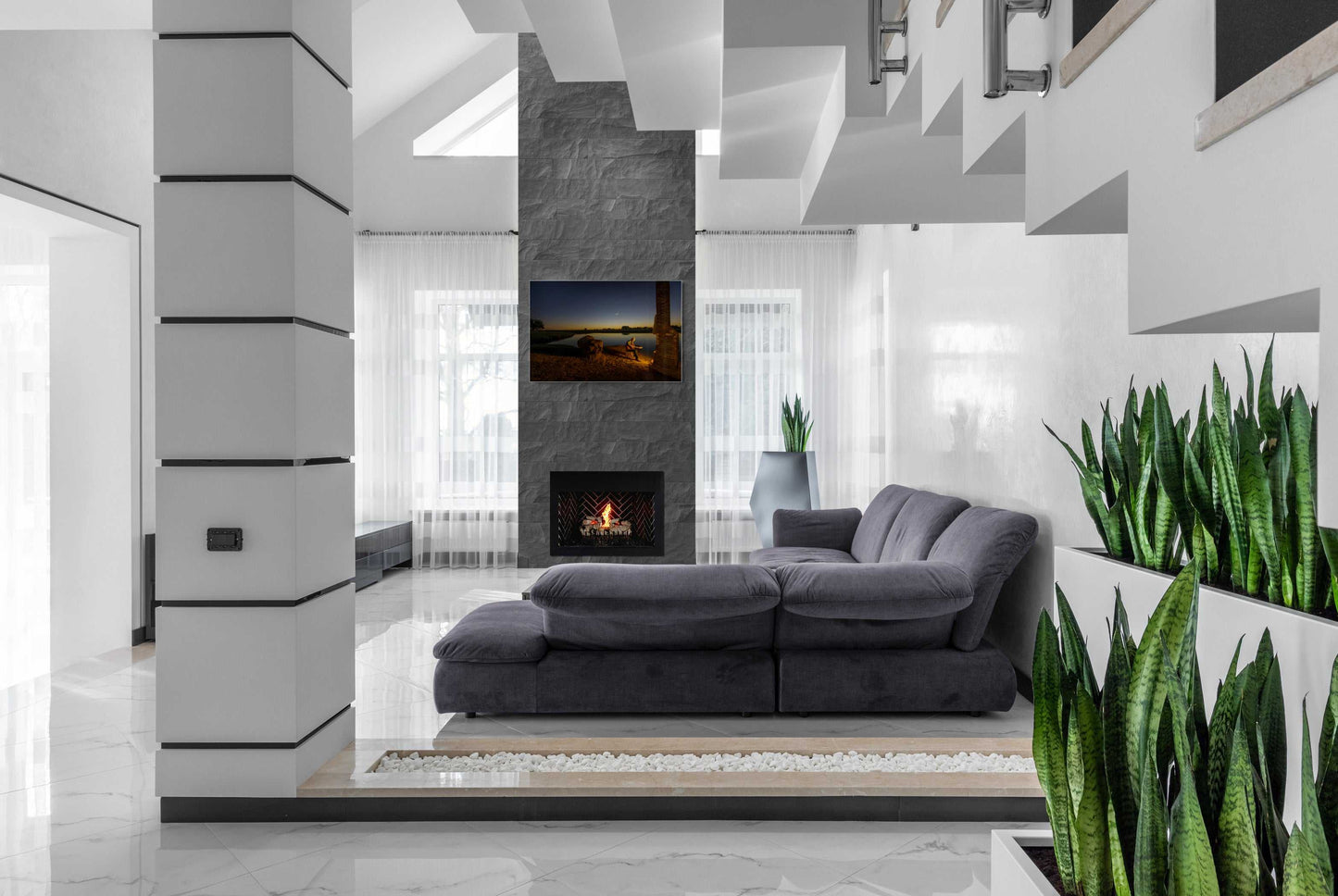 Dream Big music-themed fine art print displayed above a fireplace in a modern white living room. Adds rustic Texas charm to contemporary decor.