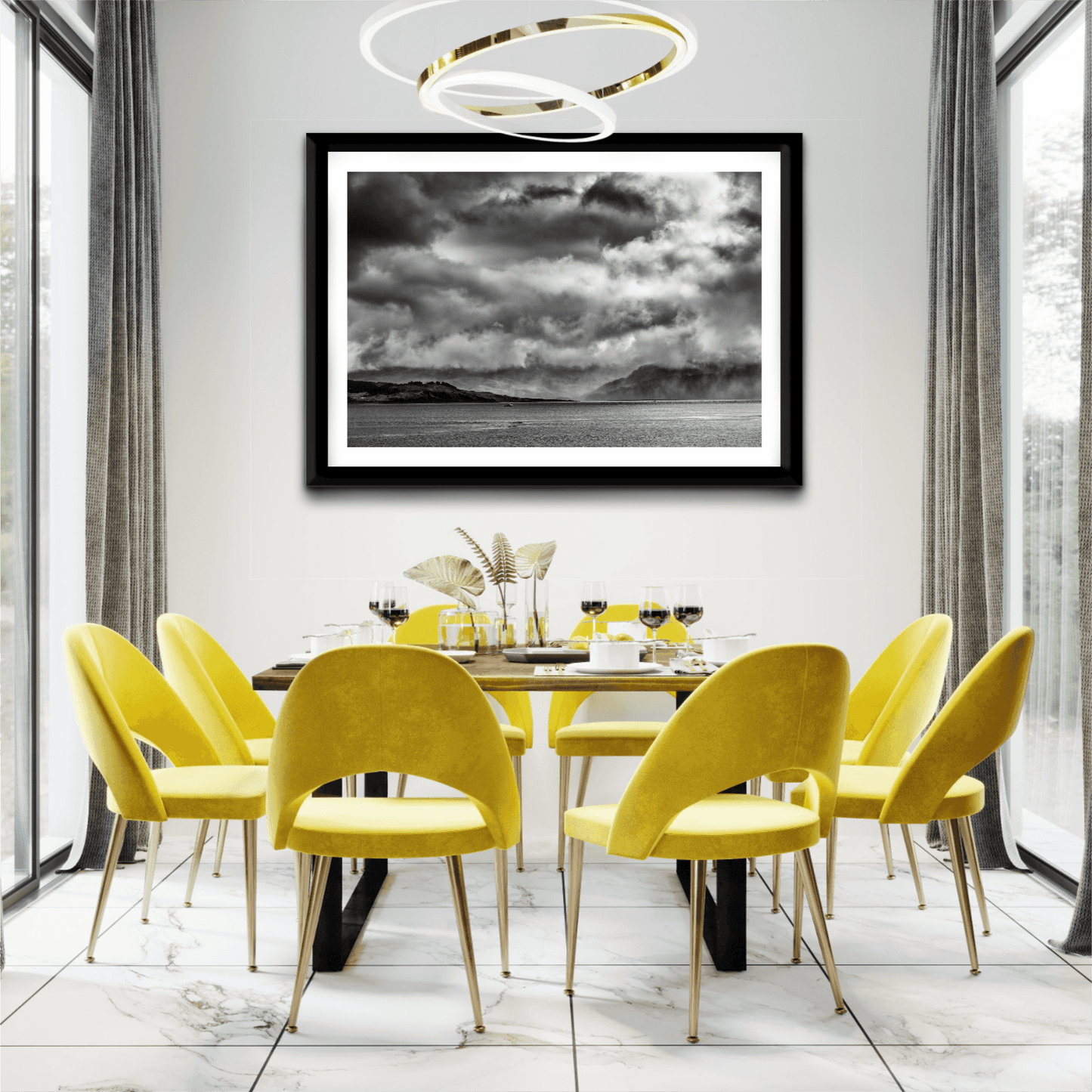 Isle Of Skye Print by Michael Hart - Storm Clouds Kyleakin in a bright dining space with yellow chairs. A bold black and white artwork for stylish interiors.