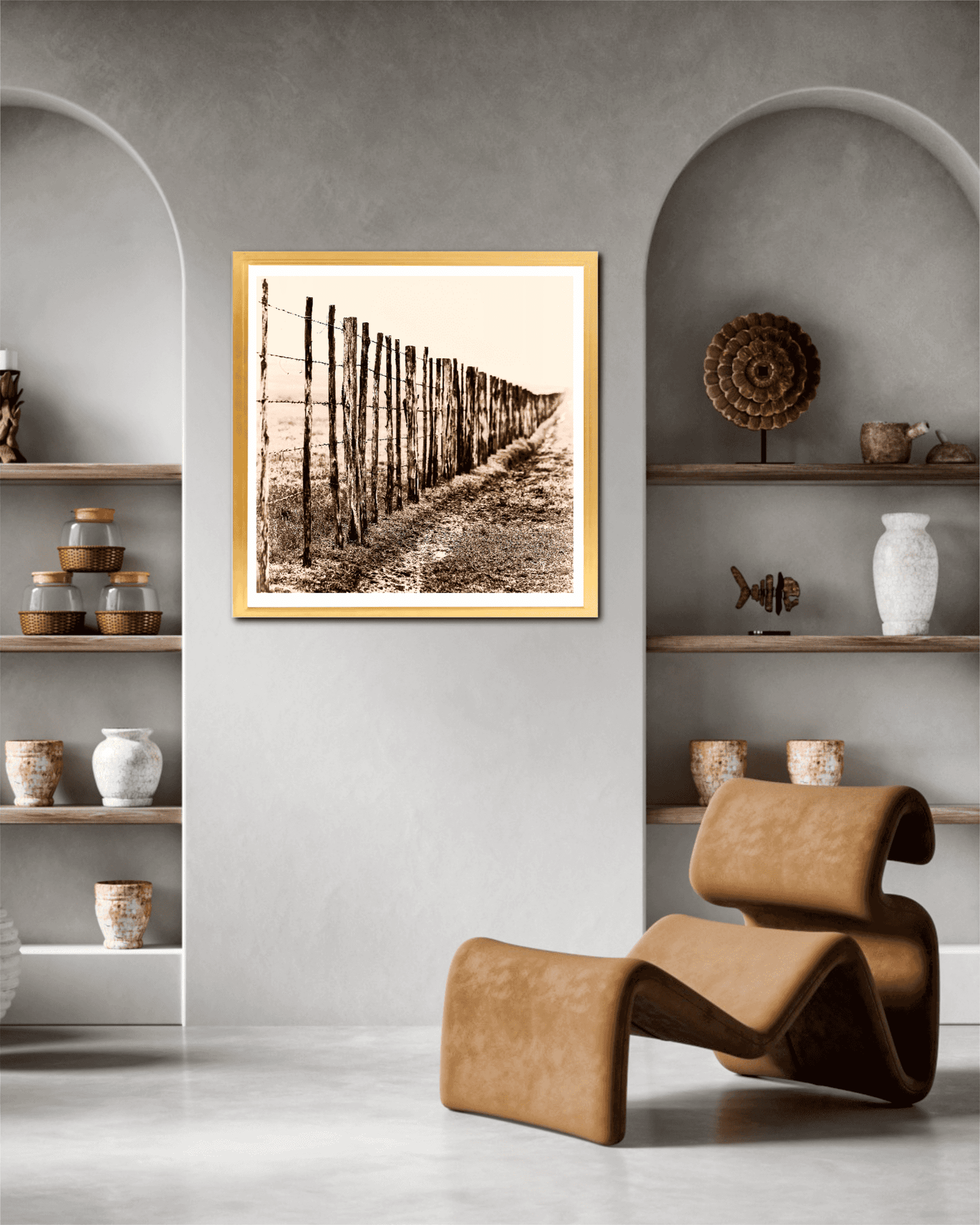 Eight Miles from Nowhere: Fence Line in the Fog, 44 Farms framed print in a minimalist living space. Adds Western charm to home decor.