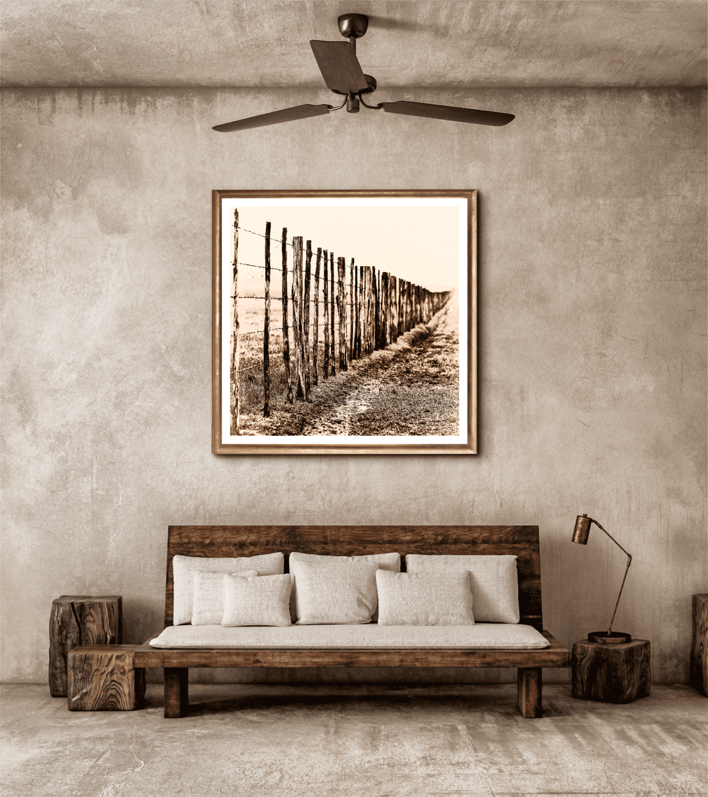 Rustic interior with Eight Miles from Nowhere: Fence Line in the Fog, 44 Farms art above a wooden bench. Perfect for Texas-inspired wall decor.