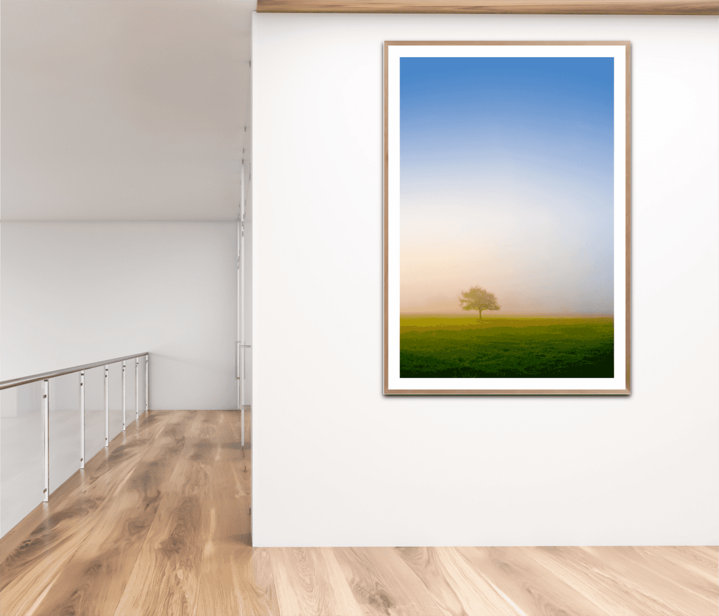 Emergence: Lone Tree in Morning Fog – framed fine art photograph in a bright hallway. Vertical Texas ranch scene enhances minimalist interior design.