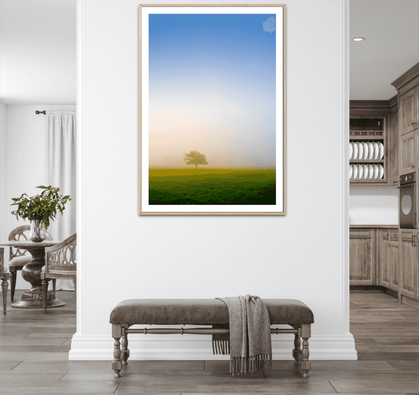 Emergence: Lone Tree in Morning Fog – fine art print featured in a classic kitchen entryway. Award-winning Texas landscape adds calm to rustic decor.