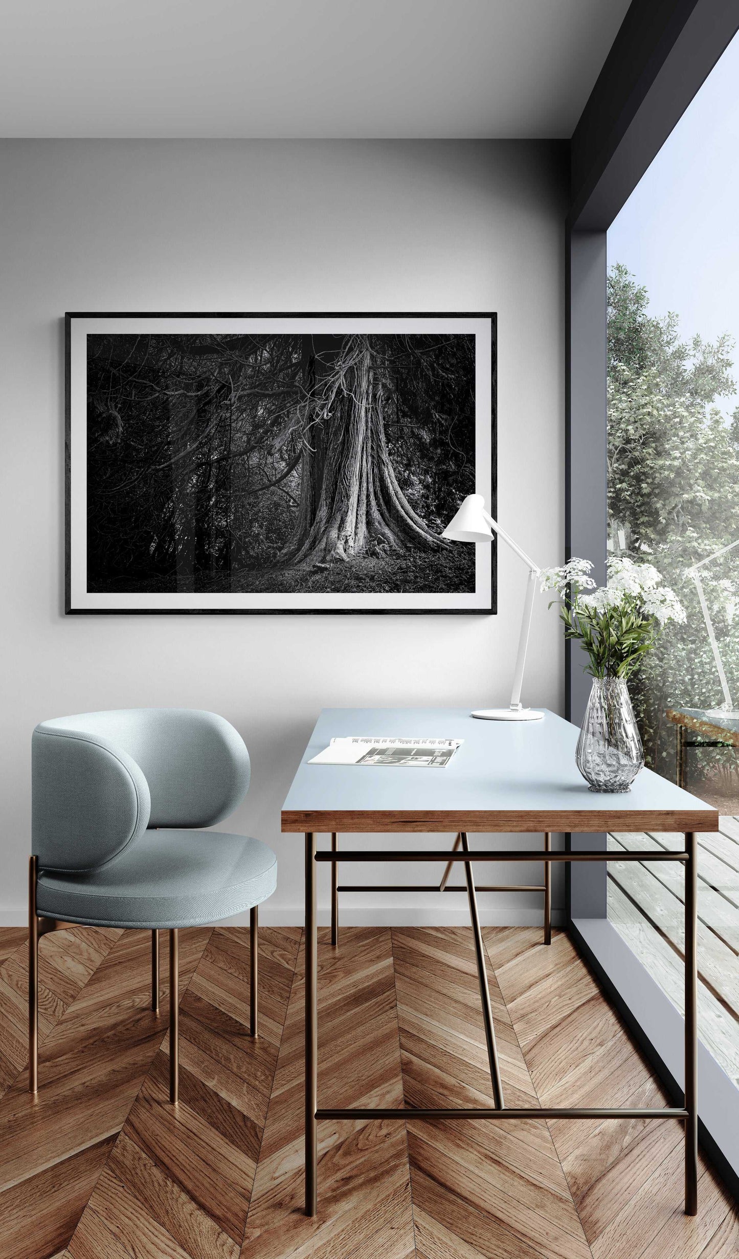 The Last Witness - Exhibited Scotland Photograph In Black and White hanging in a modern home office. A serene and dramatic tree print perfect for inspiring creative workspaces.