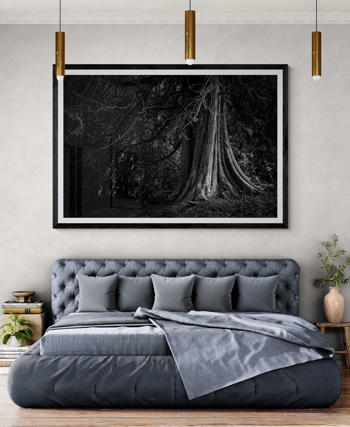 The Last Witness - Exhibited Scotland Photograph In Black and White above a tufted bed in a contemporary bedroom. Elegant black and white tree art adds drama and sophistication to the space.