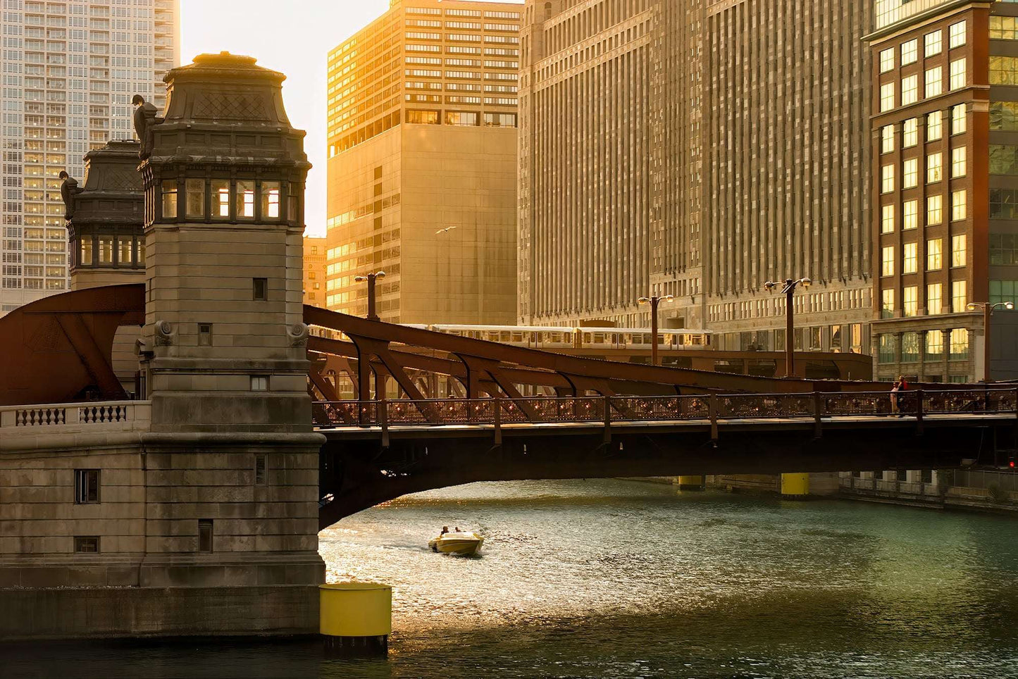 Chicago River #1 – Limited Edition Fine Art Photograph by Michael Hart showcasing golden hour light on LaSalle Street Bridge and downtown skyline.