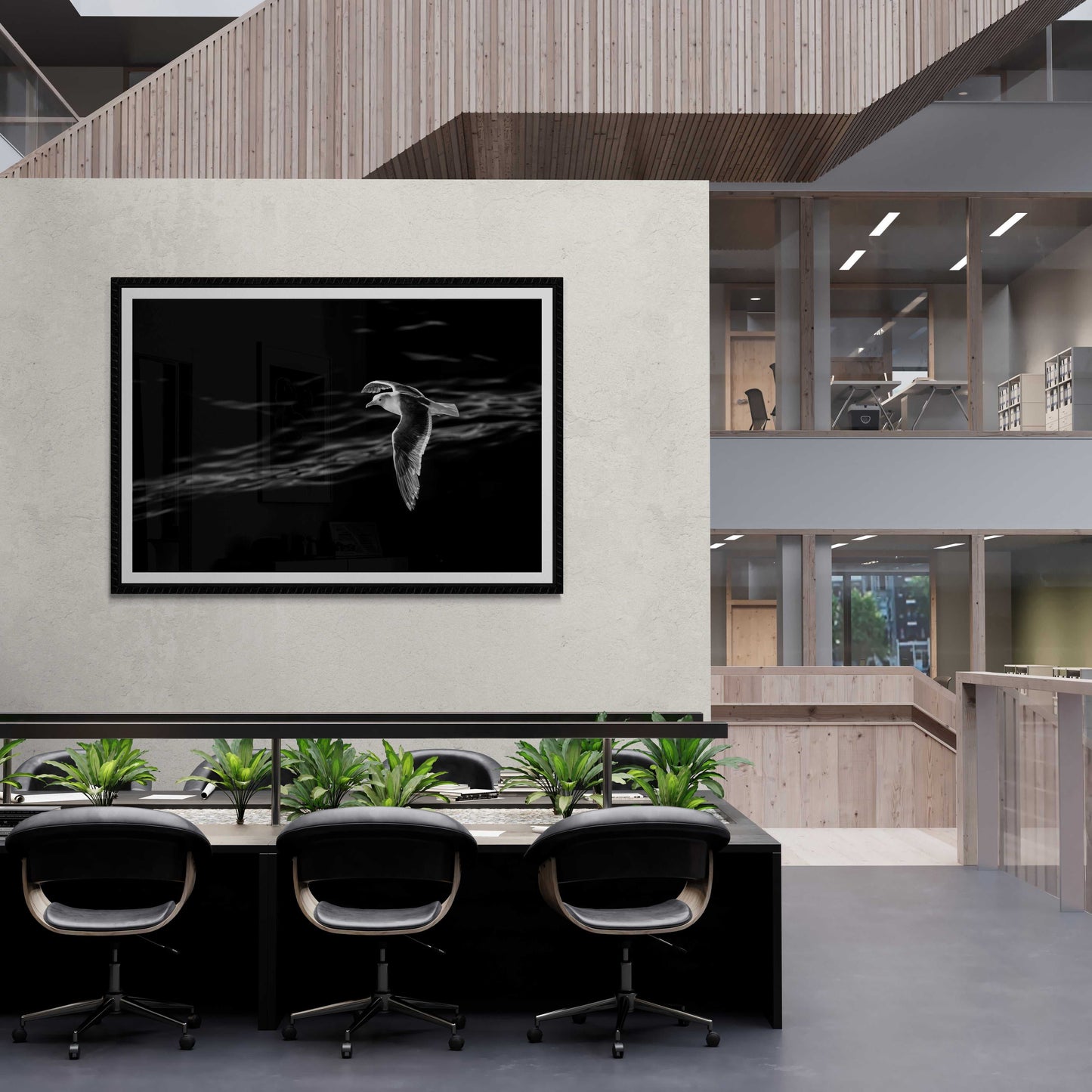 Graceful Flight – A Seagull Over Puget Sound in Black & White framed print enhances a contemporary building reception space with minimalist  furnishings