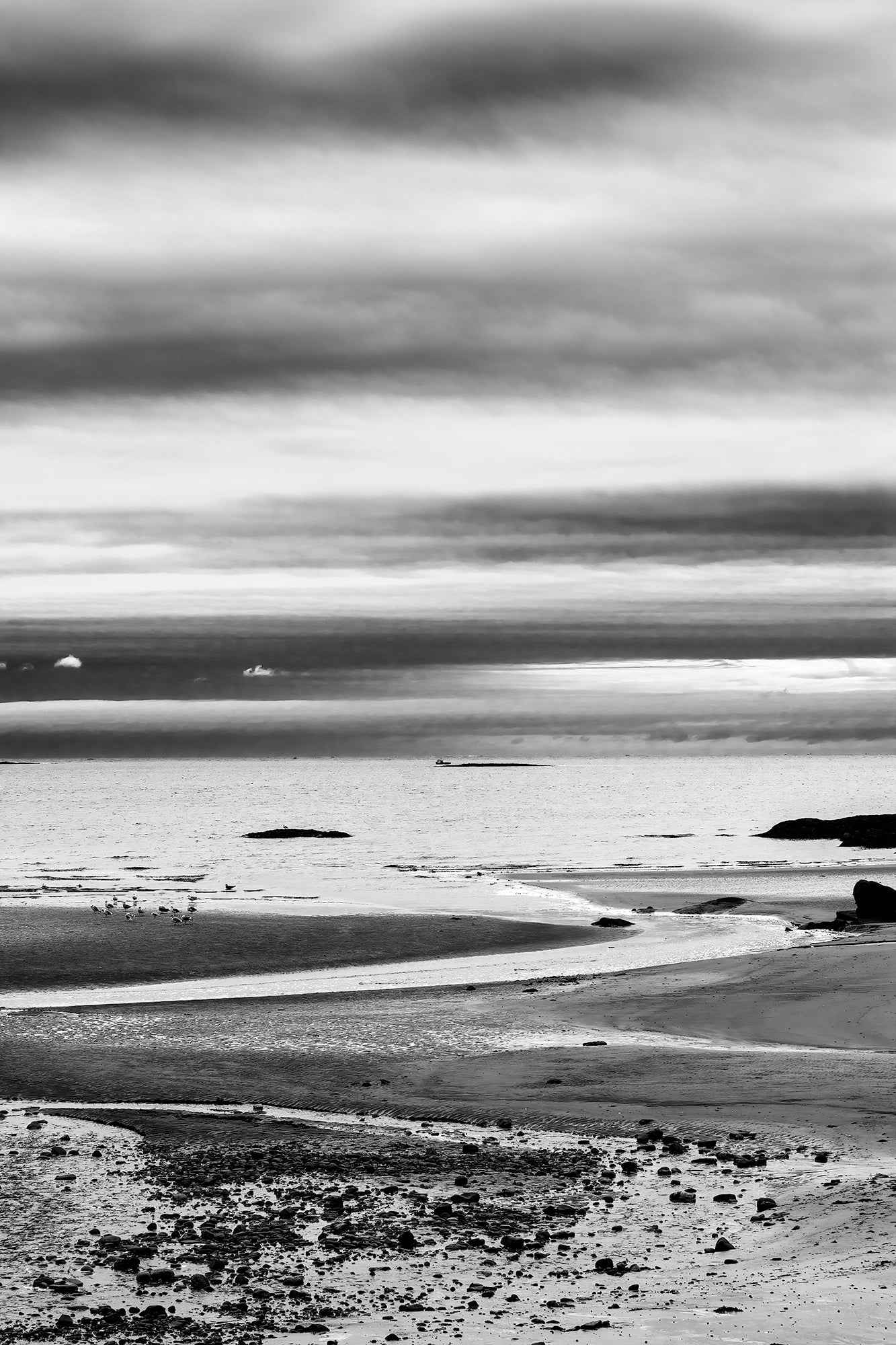 A moody black and white image titled Grey Atlantic #1, moody coastal Maine image