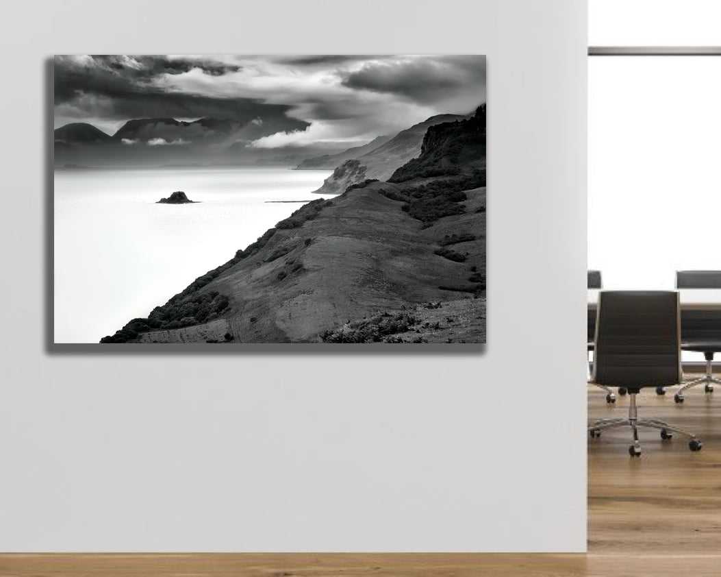 Holm Island – Black & White Fine Art Print in a sleek office setting, ideal for modern workspace decor with a natural touch.