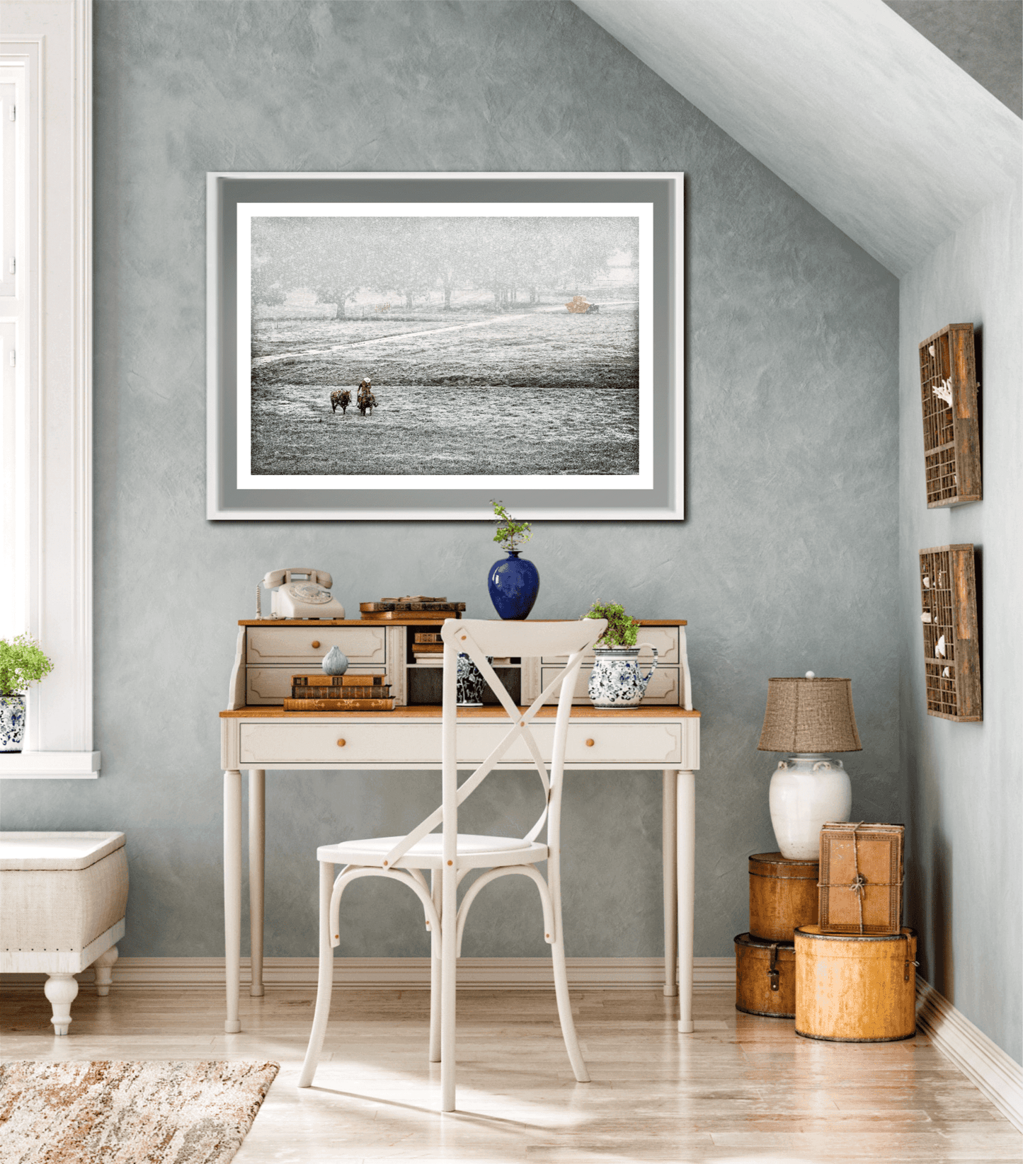 Framed Home for Christmas – The Cowboy and The Horse artwork displayed above a vintage writing desk, enhancing rustic holiday interior decor.