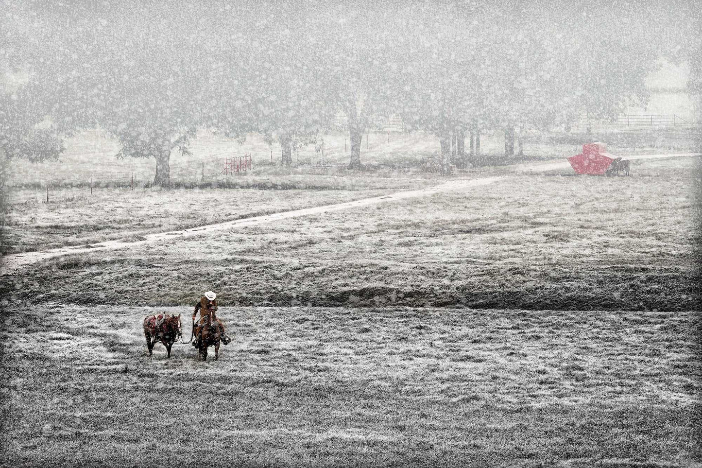 Cowboy leading a saddled horse through a snowy Texas pasture, evoking a quiet winter scene titled Home for Christmas.