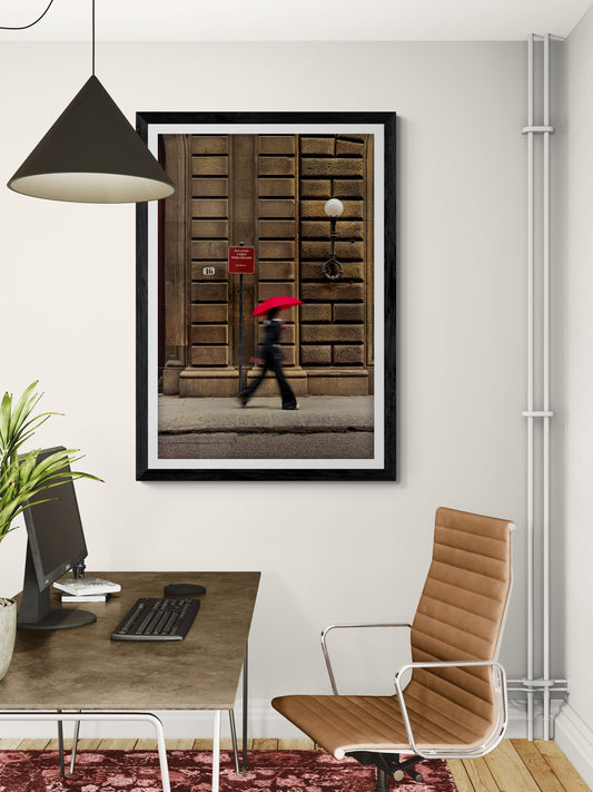 Florence street art print with person holding red umbrella