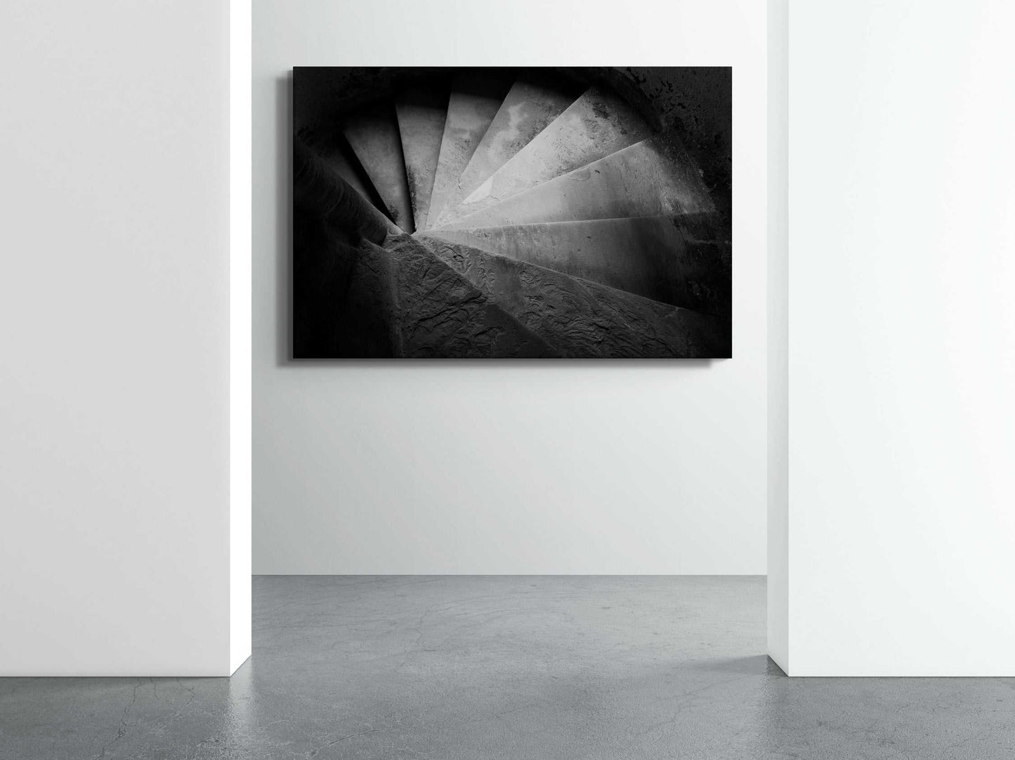 Linlithgow Spiral - Linlithgow Palace | Black and White Print on a gallery-style wall, highlighting the timeless design of a spiral staircase.