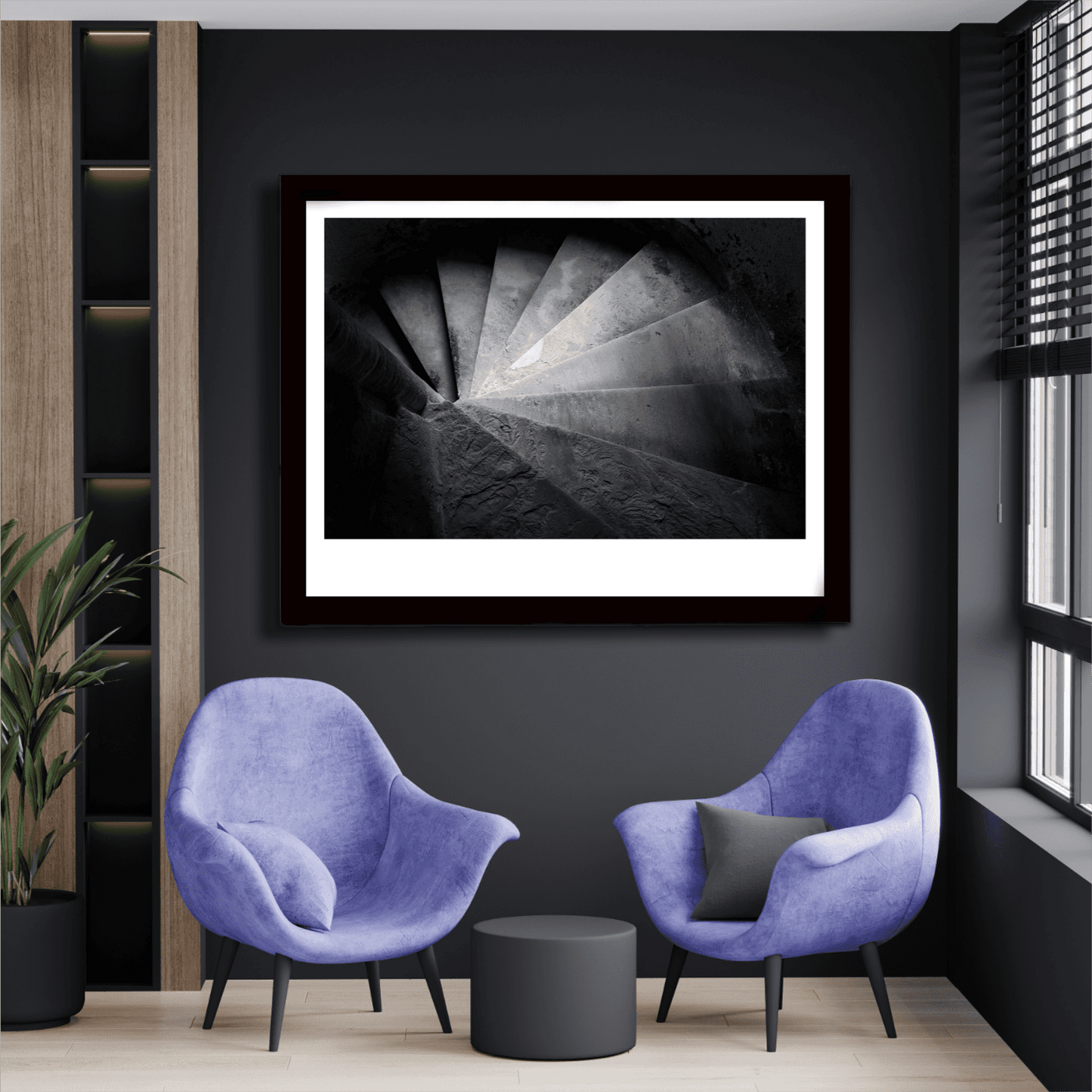 Linlithgow Spiral - Linlithgow Palace | Black and White Print in a stylish lounge, adding heritage charm to a modern seating area.