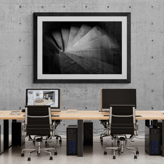 Linlithgow Spiral - Linlithgow Palace | Black and White Print displayed in a modern office, enhancing the workspace with historic Scottish architecture.
