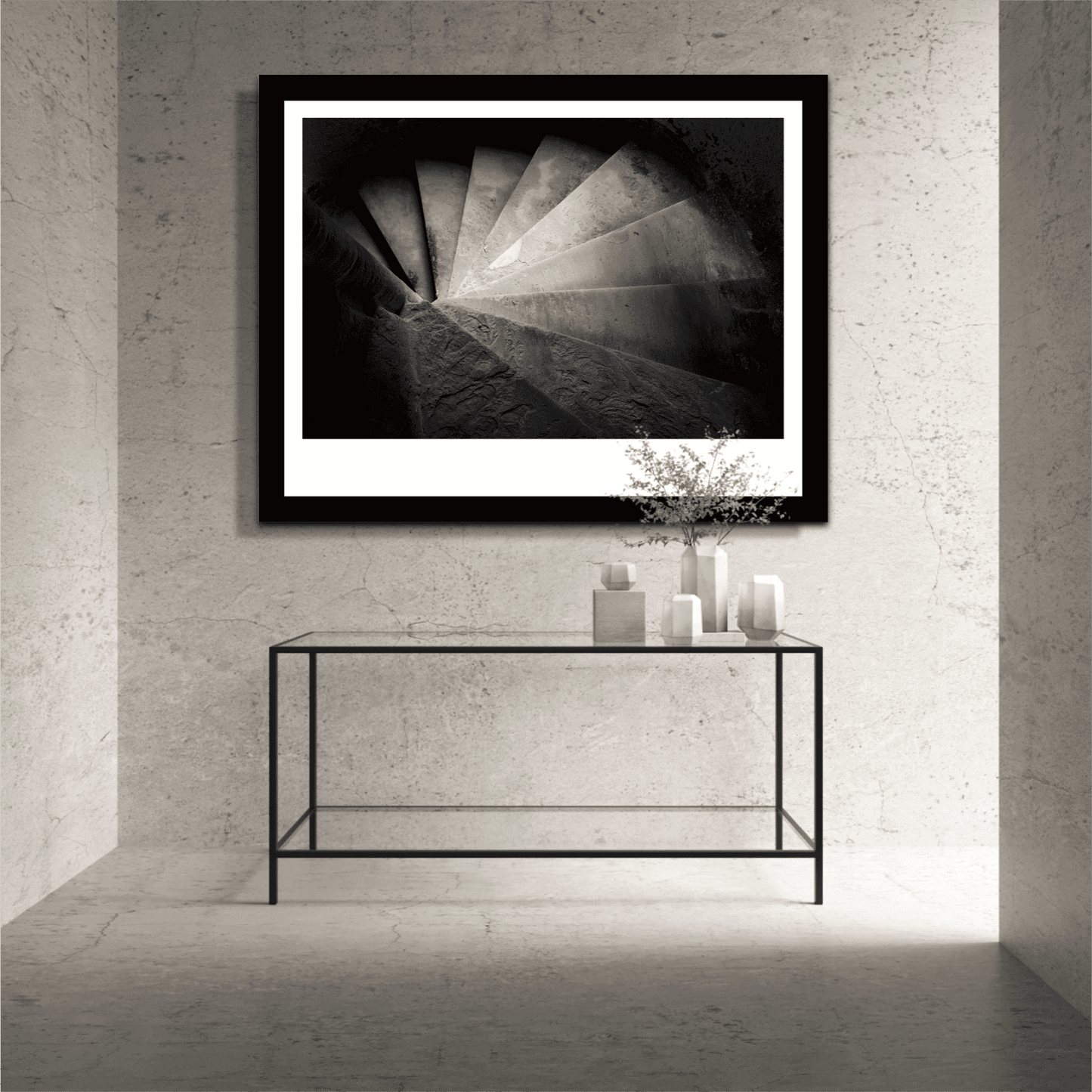 Linlithgow Spiral - Linlithgow Palace | Black and White Print mounted in a minimalist hallway, emphasizing the texture and form of Scottish stonework.