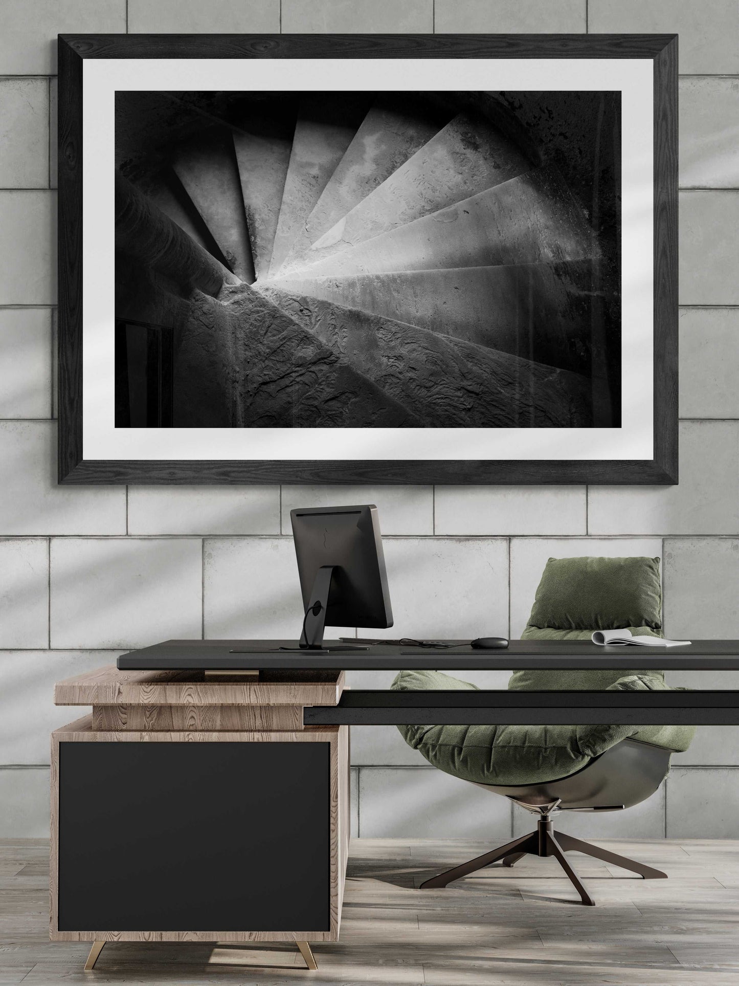 Linlithgow Spiral - Linlithgow Palace | Black and White Print featured above a sleek desk, blending fine art with contemporary interior design.