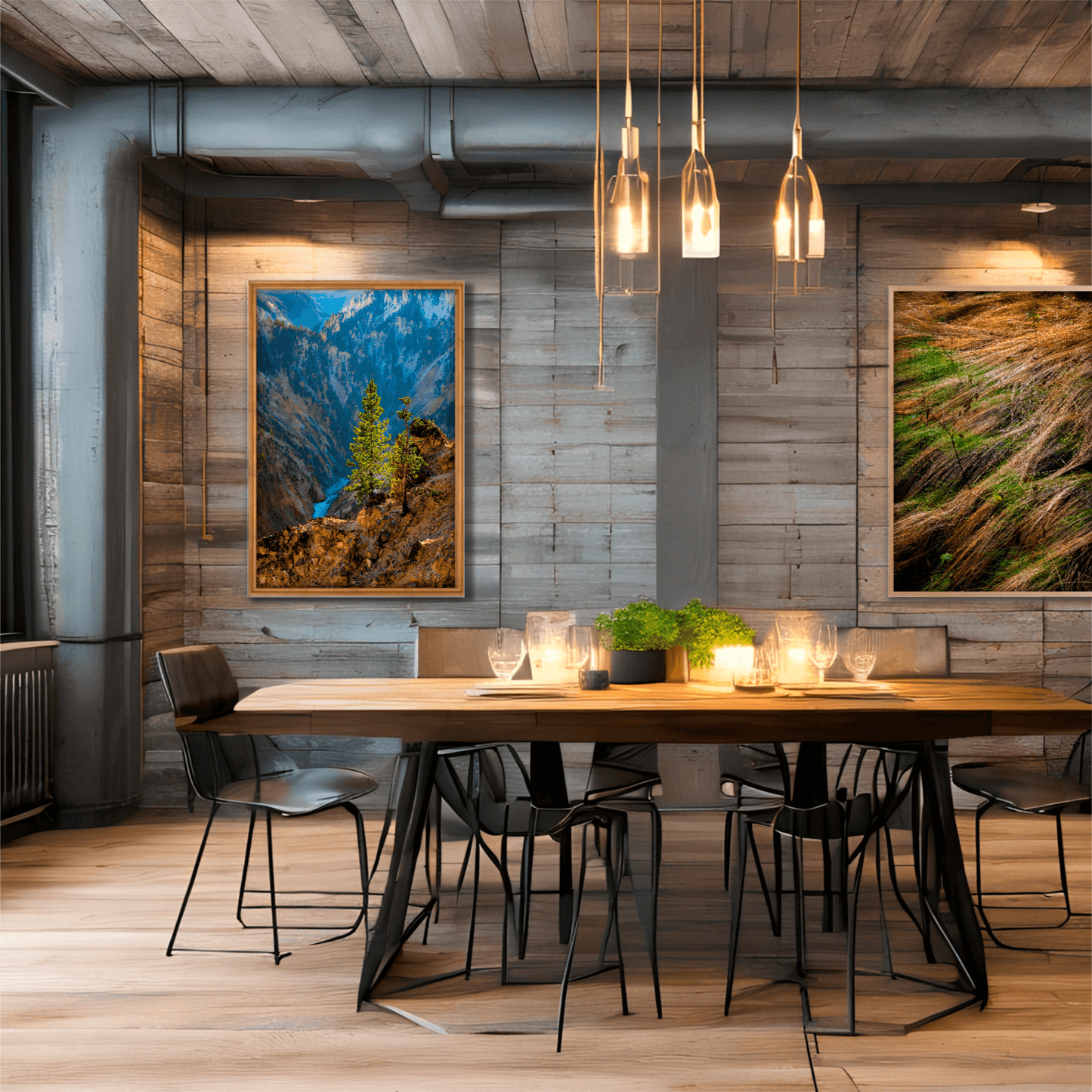 Lone tree Yellowstone River fine art print adds rustic elegance to a wood-accented dining room. Western landscape photography for interior designers.