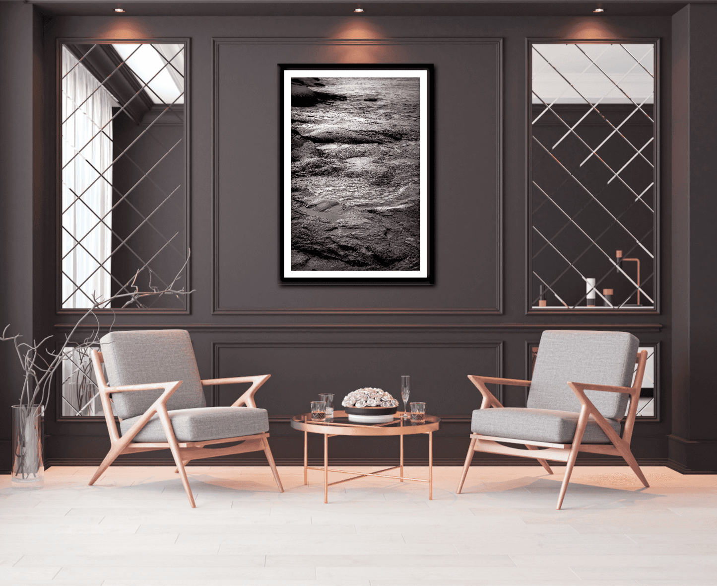 Grey Atlantic #3 – Monochrome Maine seascape artwork framed in a luxury sitting room, perfect for coastal wall art and interior design.