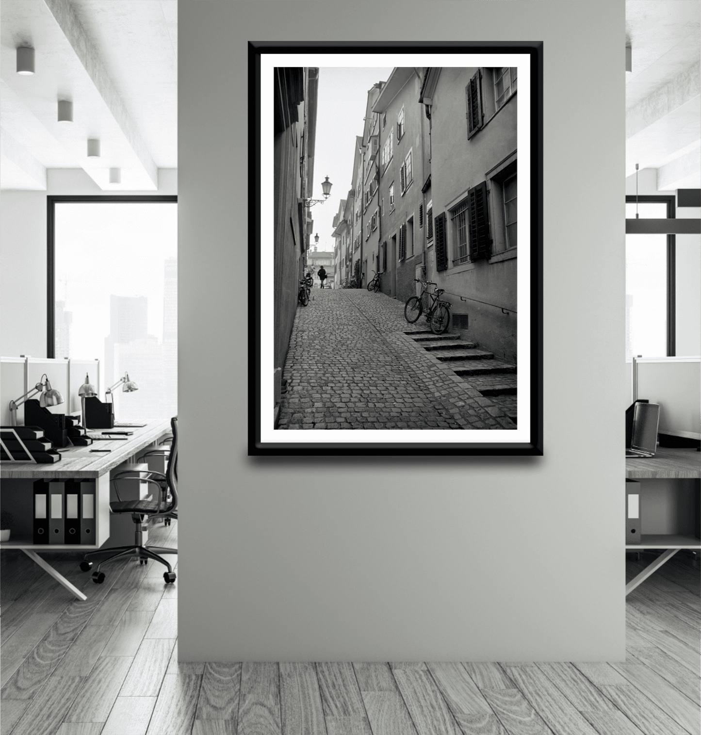 Zurich Series #5 black and white fine art print by Michael Hart mounted in a corporate office. Elegant Zurich street scene adds artistic flair to professional interiors.