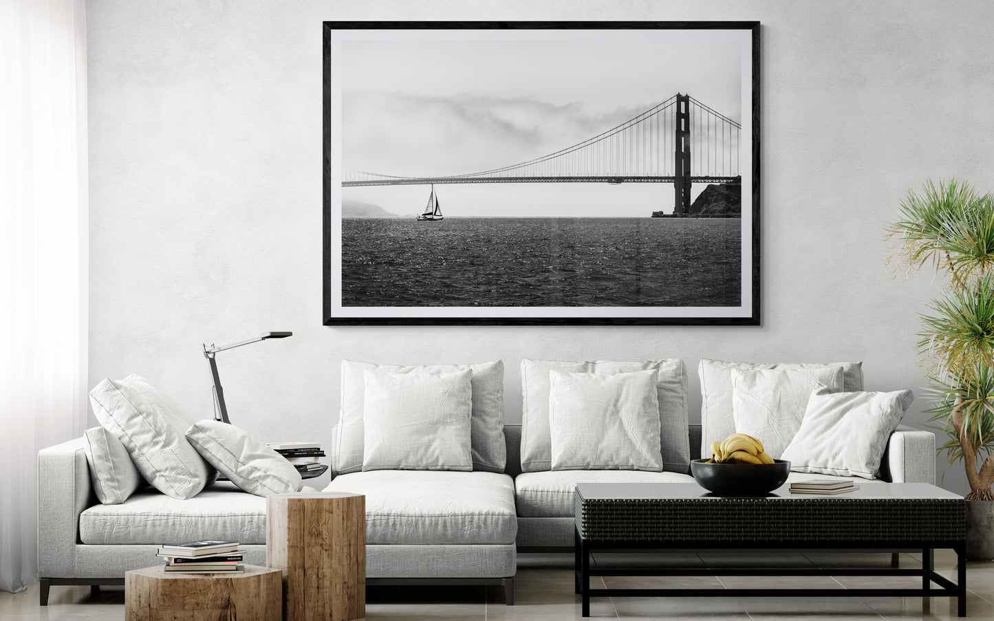 Black and white Golden Gate Bridge sailboat art print