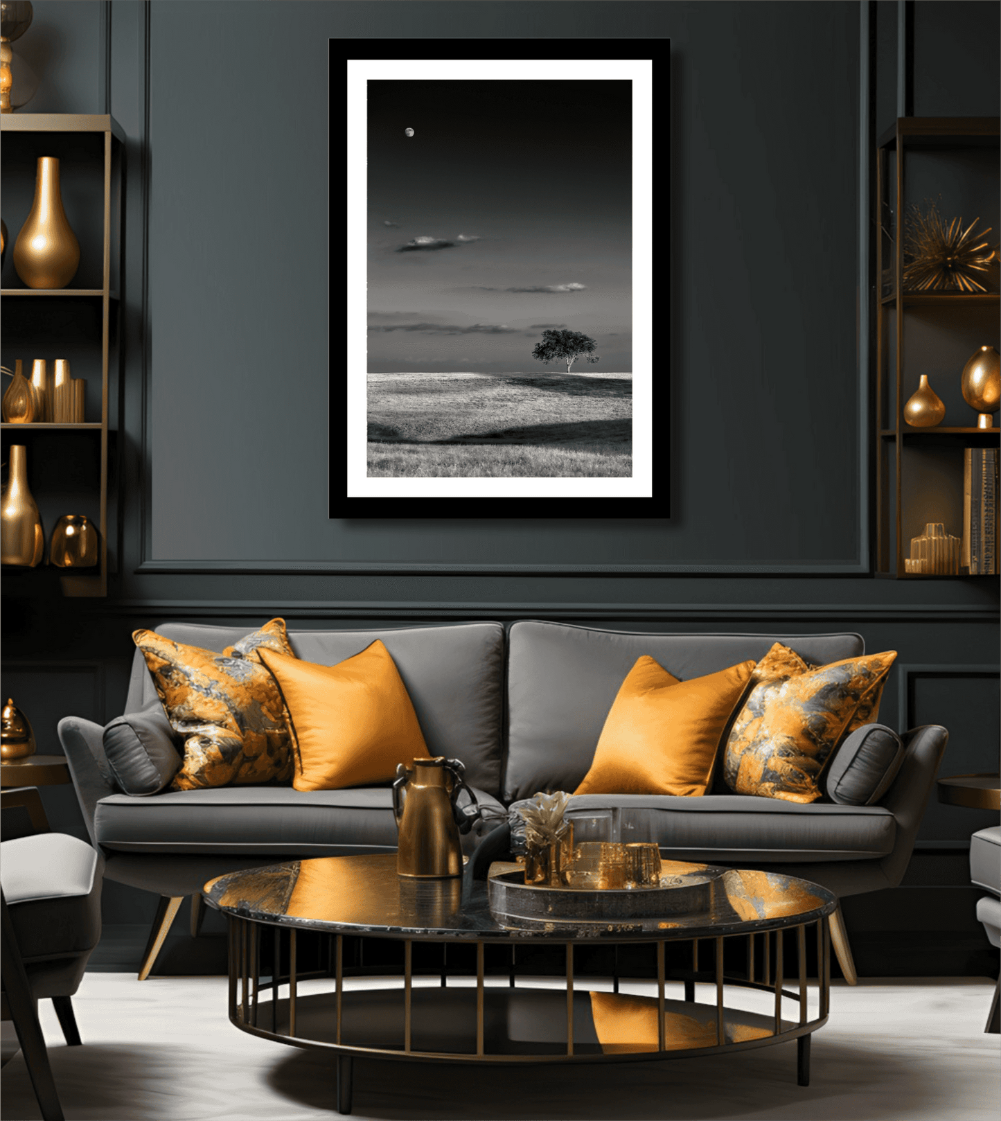 Moonrise at Sunset – Black and White Texas Landscape Print by Michael Hart in a luxurious dark-toned living room with gold and orange accents.