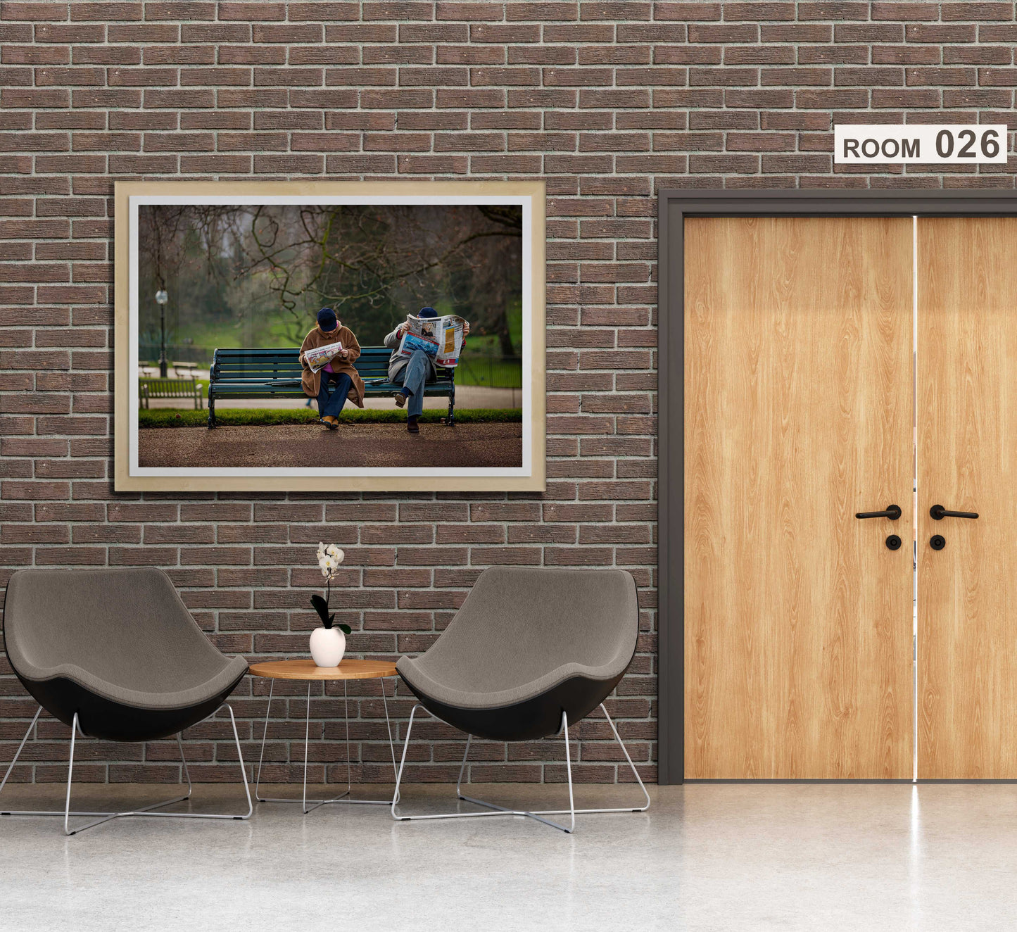 The Saturday News – A Photograph of Couple Captured in Hyde Park displayed in a modern hallway with brick walls. Ideal fine art photography for interior designers and UK travel photography lovers.