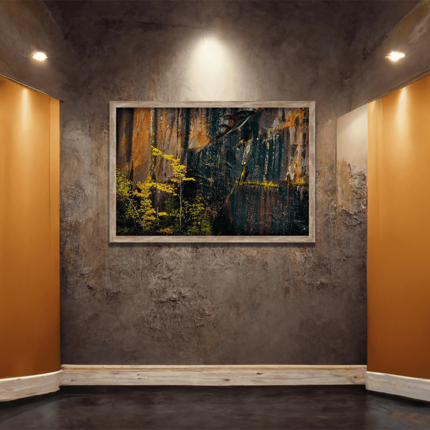Quarry Wall #1 abstract stone wall art by Michael Hart mounted in a rustic hallway with warm lighting, perfect for earthy interior themes.