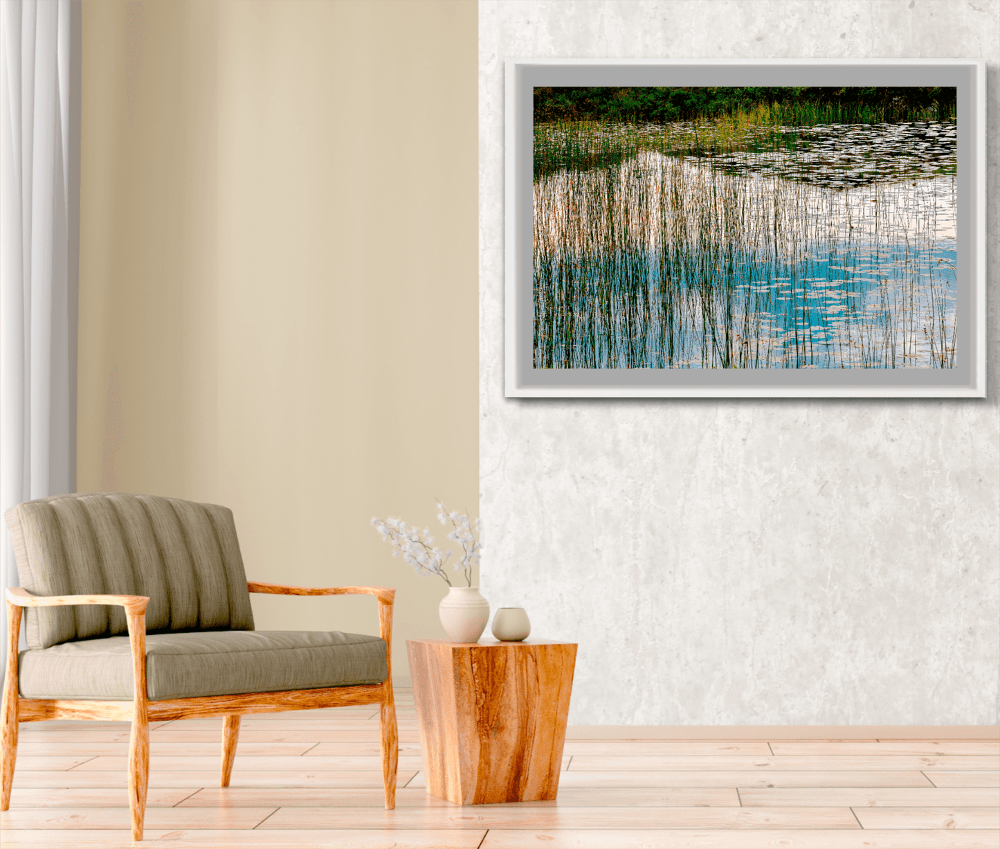 Fine art Scotland landscape print of Lochinver displayed in neutral-toned room with armchair and wood table, ideal for serene interior design.