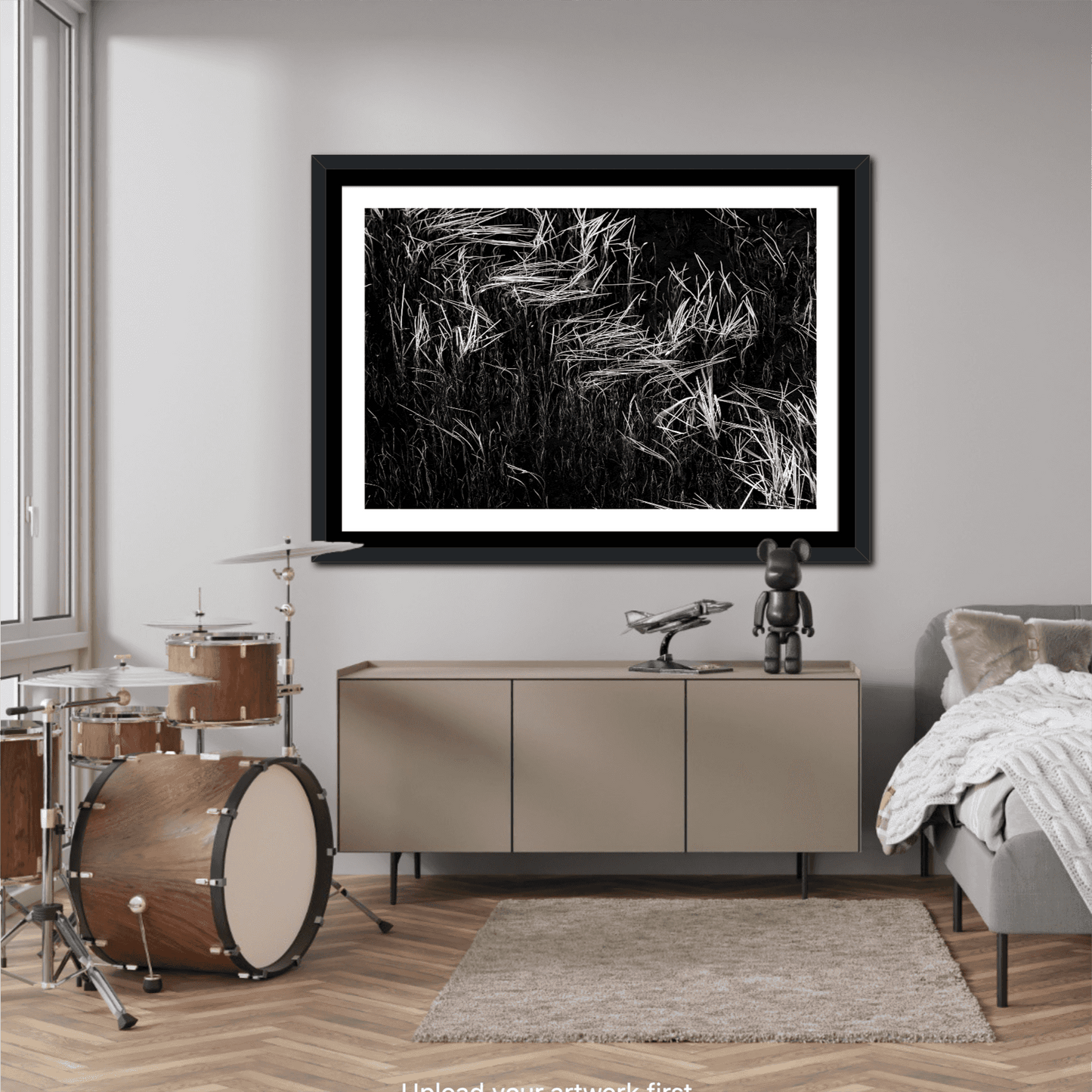 Reeds in Water – Grand Teton Fine Art Black & White Landscape by Michael Hart in a music-themed living space. Stylish monochrome nature print decor.